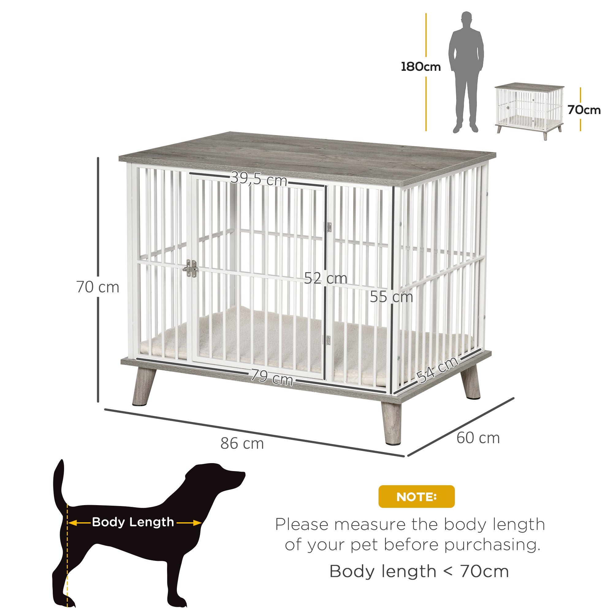 PawHut Hundekäfig aus Holz, Hundebox, Transportbox, mit Kissen, 86 cm x 60 cm x 70 cm Holzwerkstoff Stahl Weiß + Grau