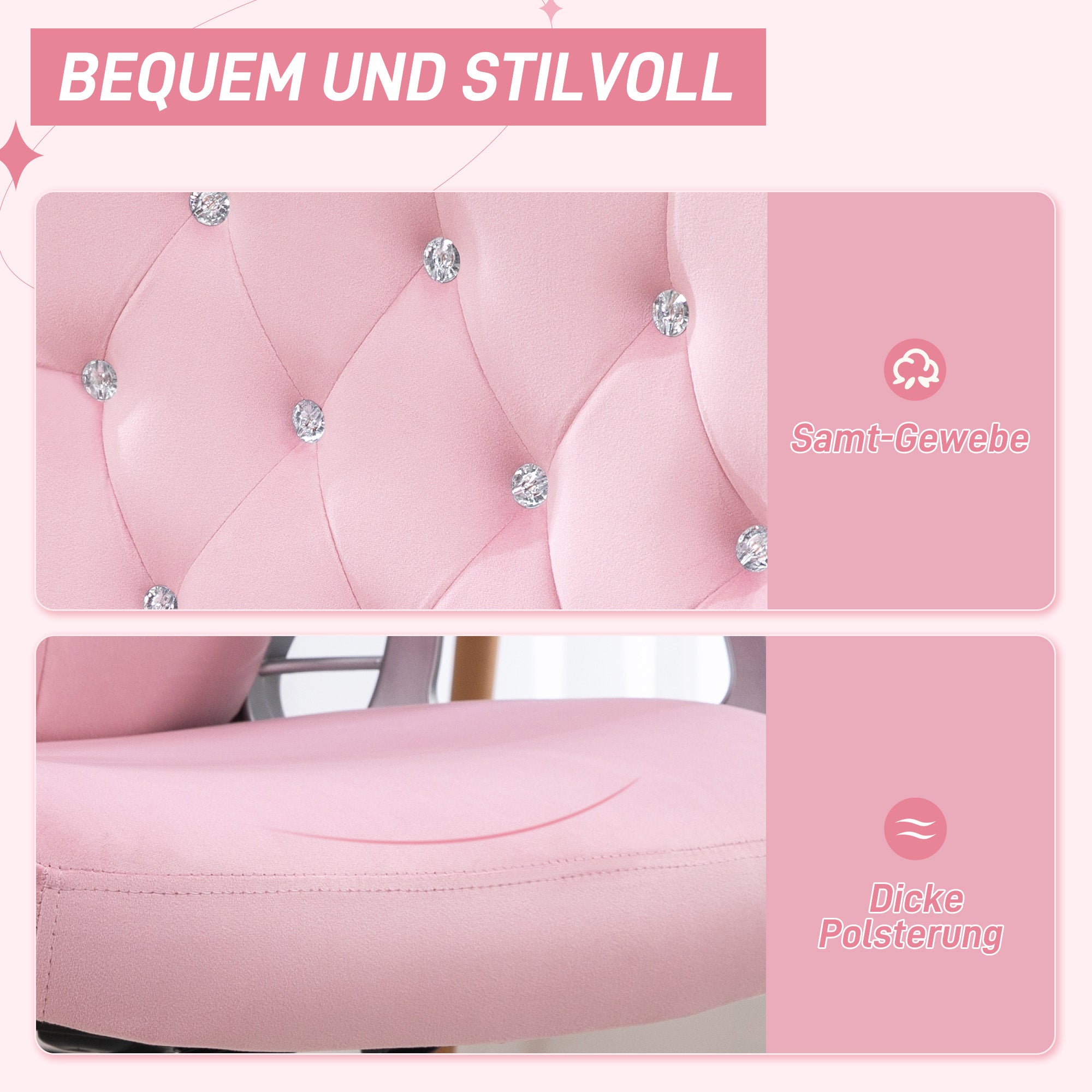 Vinsetto Bürostuhl, neigbare Lehne, höhenverstellbar, Samtoptik, bis 120 kg, Rosa