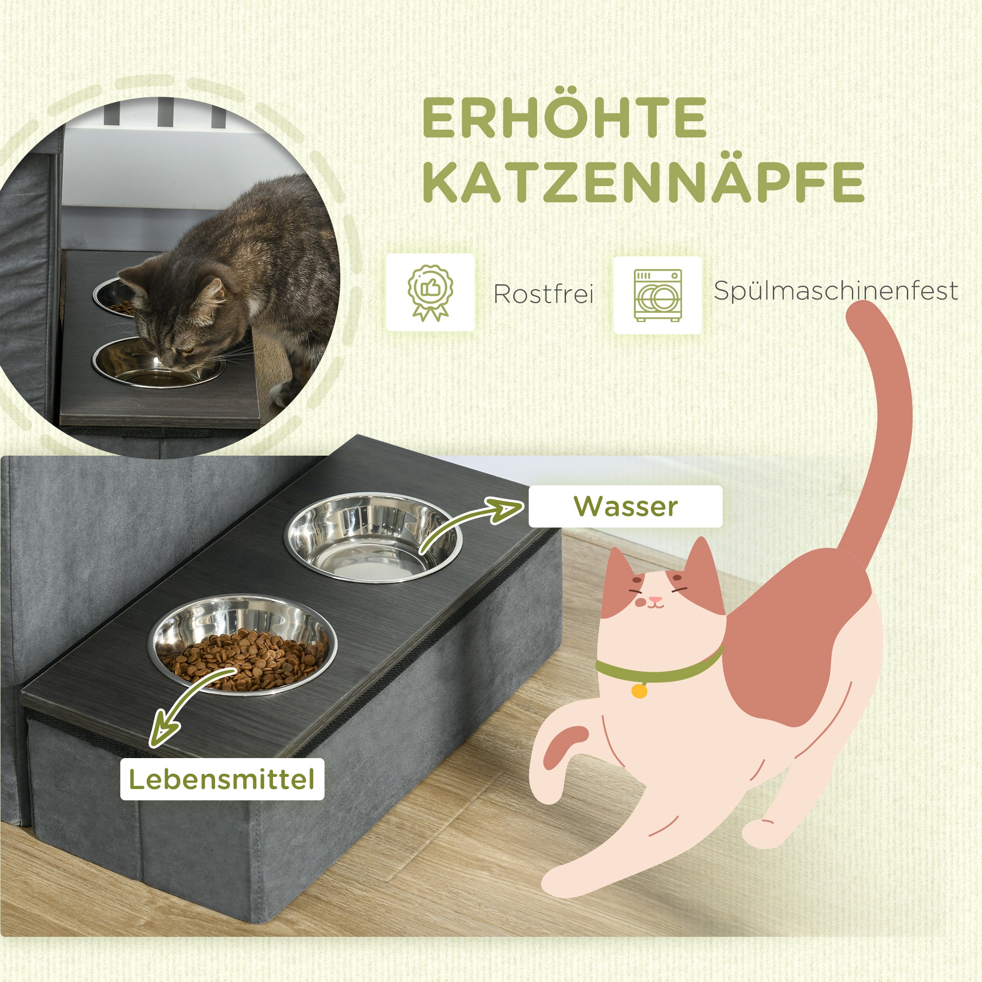 PawHut Katzenhaus Katzenhütte Katzenhöhle, 3 Haustiertreppen, 2 Fressnäpfe, 70 x 50 x 51, cm,  Grau