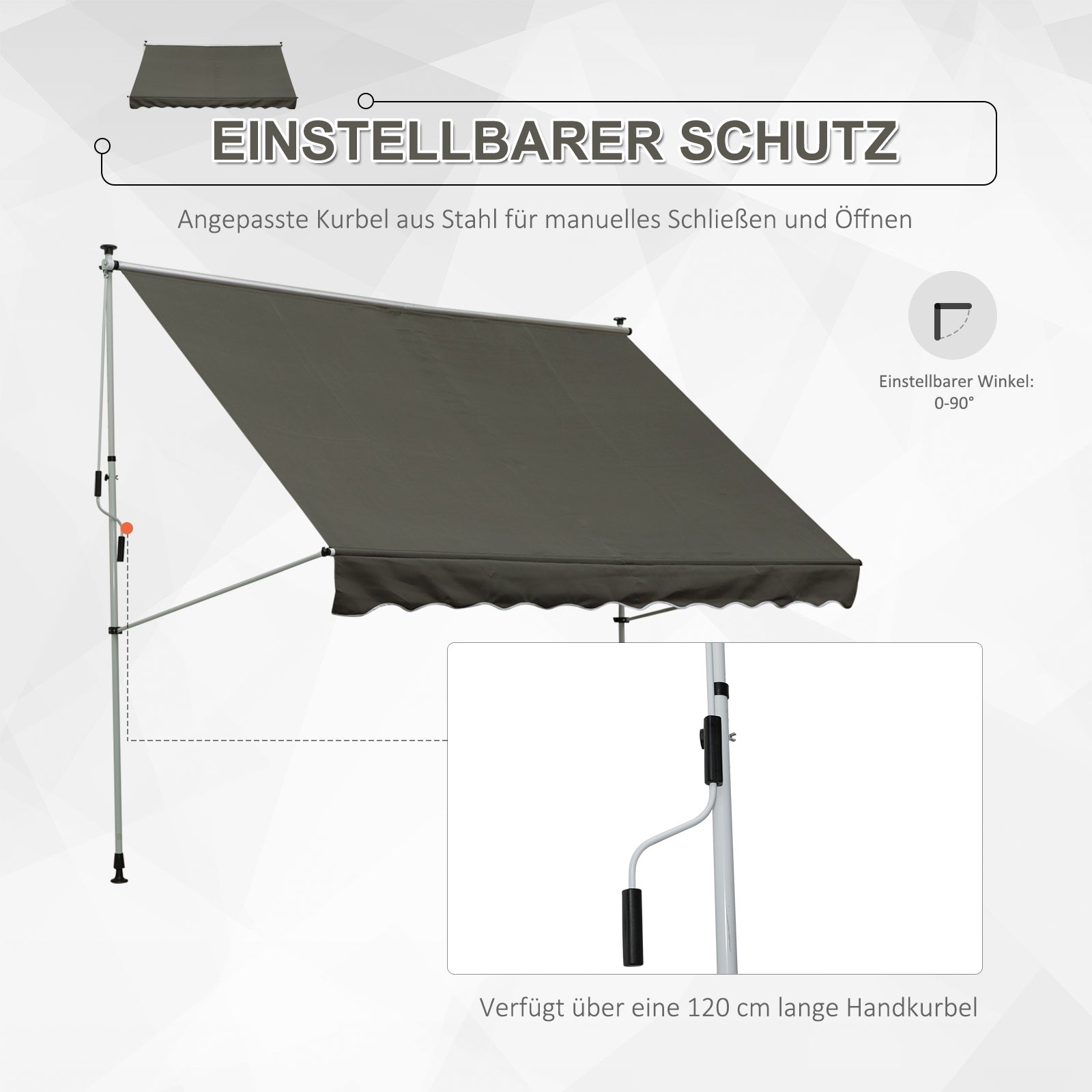 Outsunny Klemmmarkise mit Handkurbel höhenverstellbar Gelenkarmmarkise schmutzabweisend, witterungsbeständig Balkonmarkise 150cm breit Terrassenmarkise für Terrasse Balkon Veranda Grau