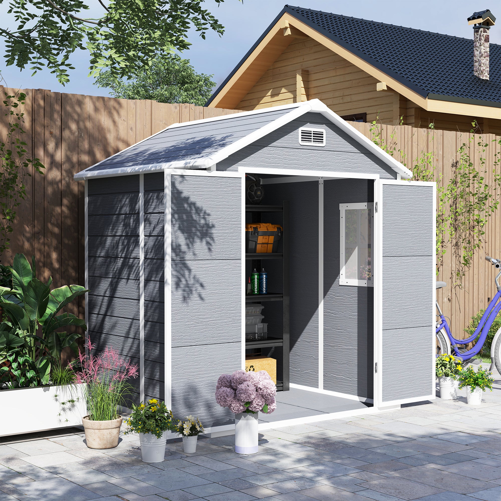 Outsunny Gartenschuppen, Geräteschuppen mit Boden, verschließbare Türen, Lüftungsöffnungen, Fenster, Holzoptik, Kunststoff, Grau