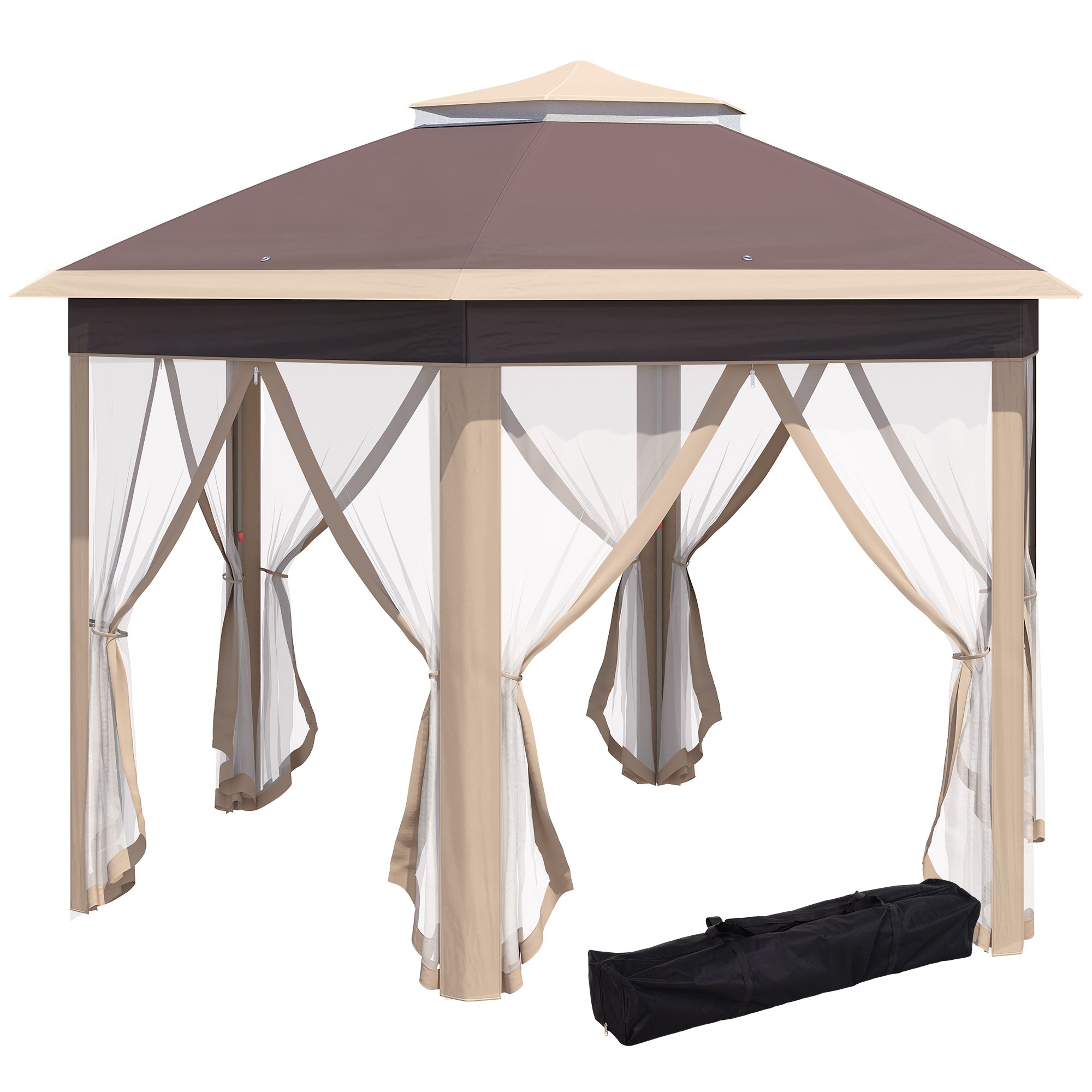 Outsunny Pavillon 4x4?m sechseckig mit Doppeldach Beige