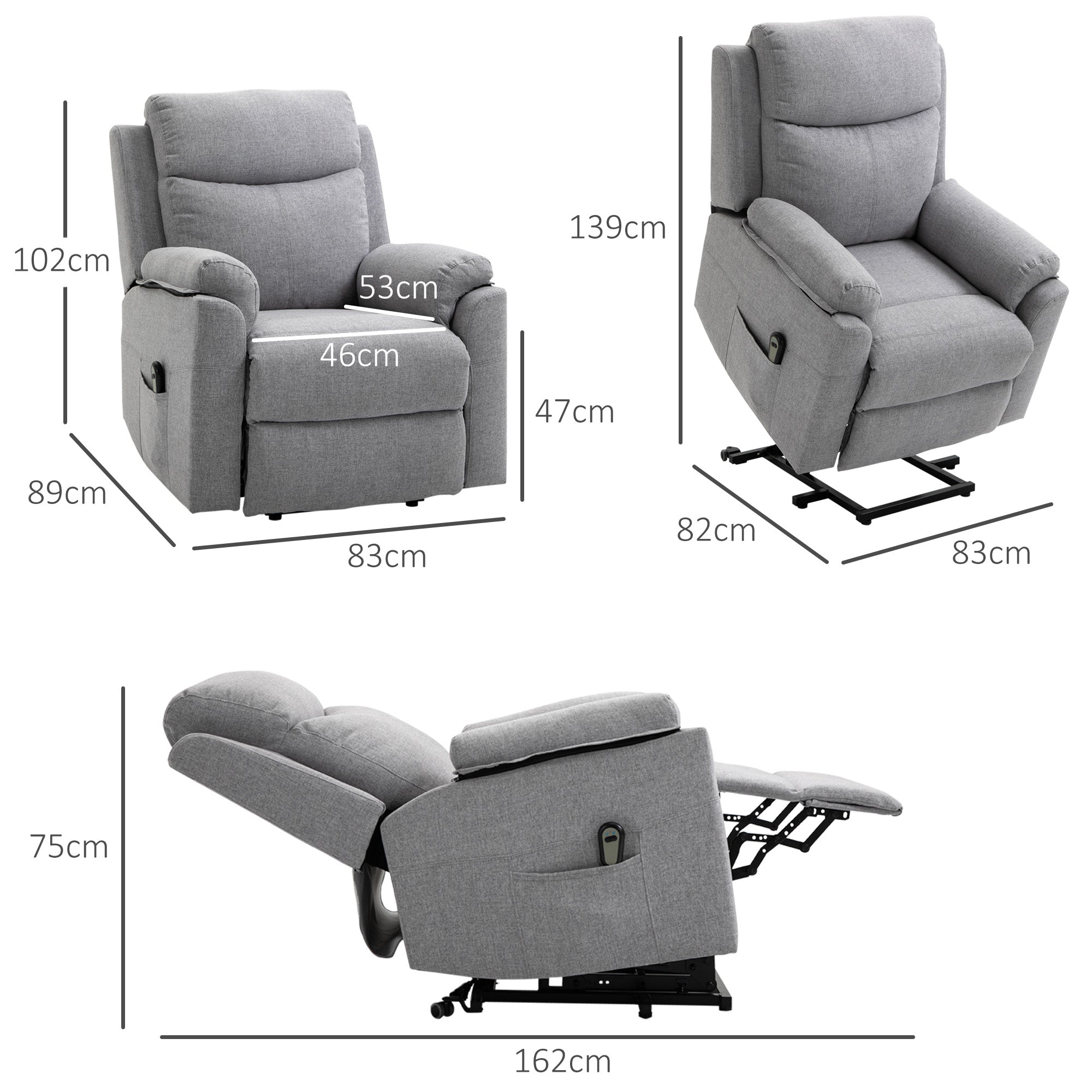 HOMCOM Relaxsessel mit Aufstehhilfe, elektrisch, Liegefunktion, Fernbedienung, Taschenfederkern, bis 120 kg, Grau