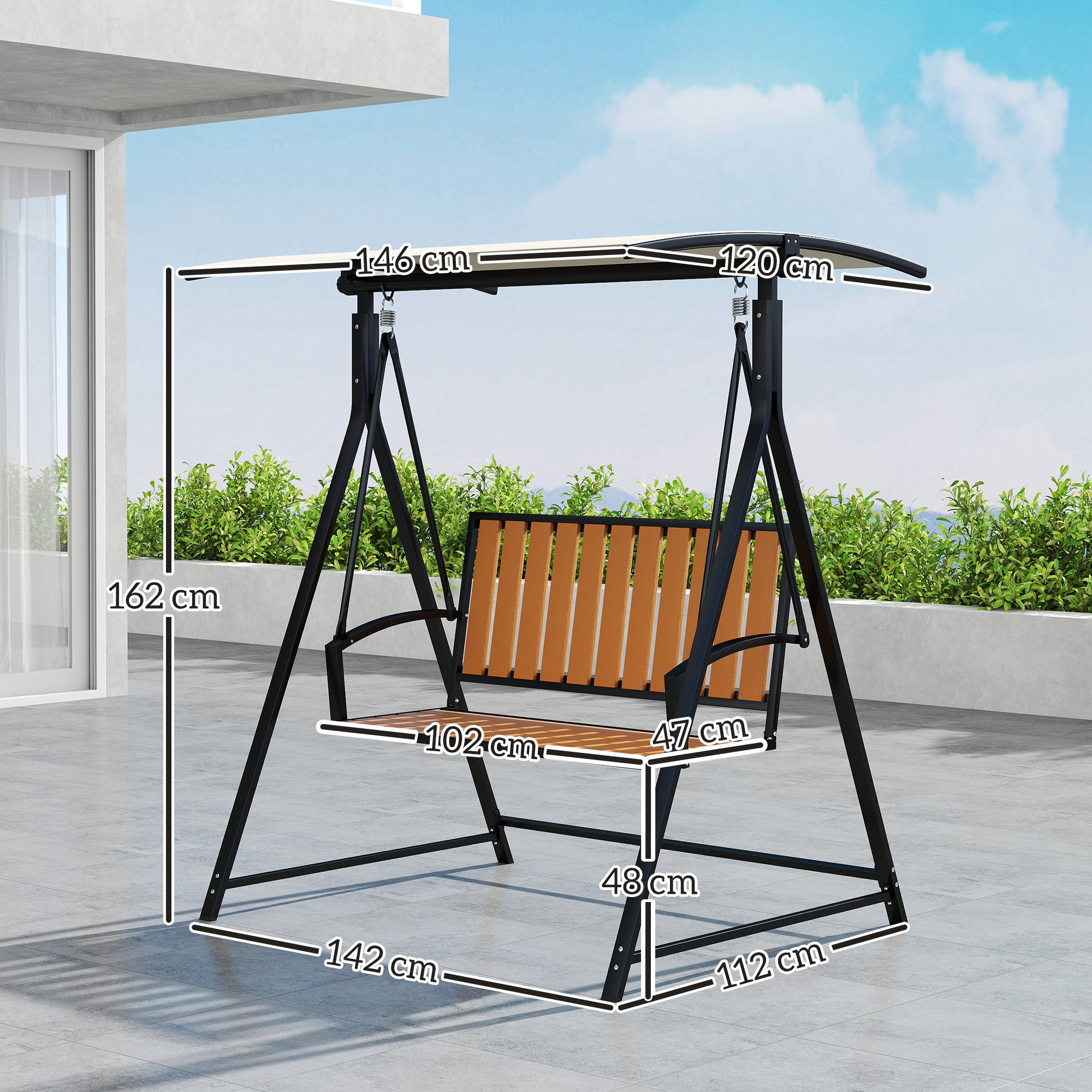 Outsunny Hollywoodschaukel mit verstellbarem Sonnendach, 2-Sitzer Gartenschaukel 142 x 112 x 162cm, Schwarz