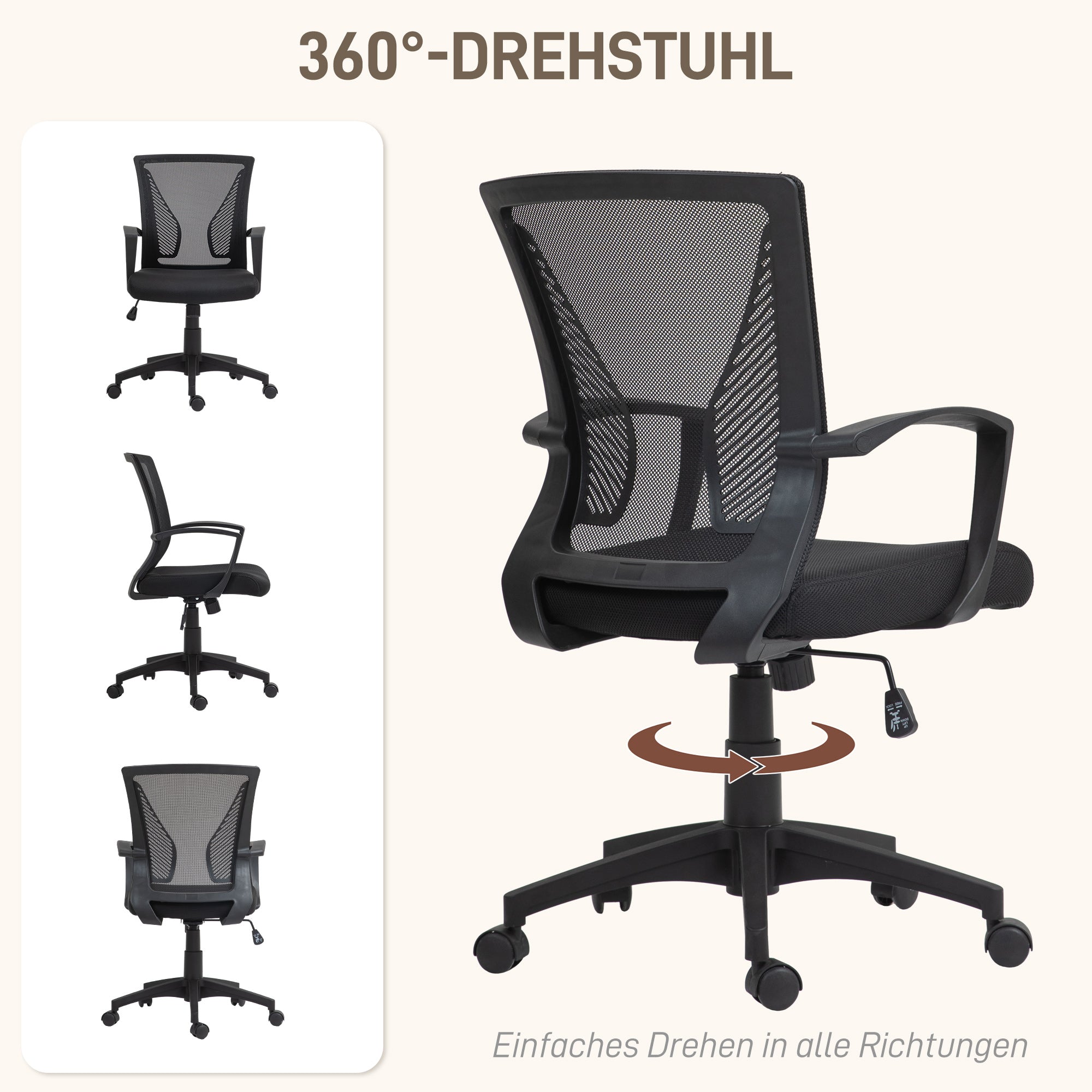 HOMCOM Bürostuhl mit Mesh-Rückenlehne, höhenverstellbar, bis 120 kg, Schwarz