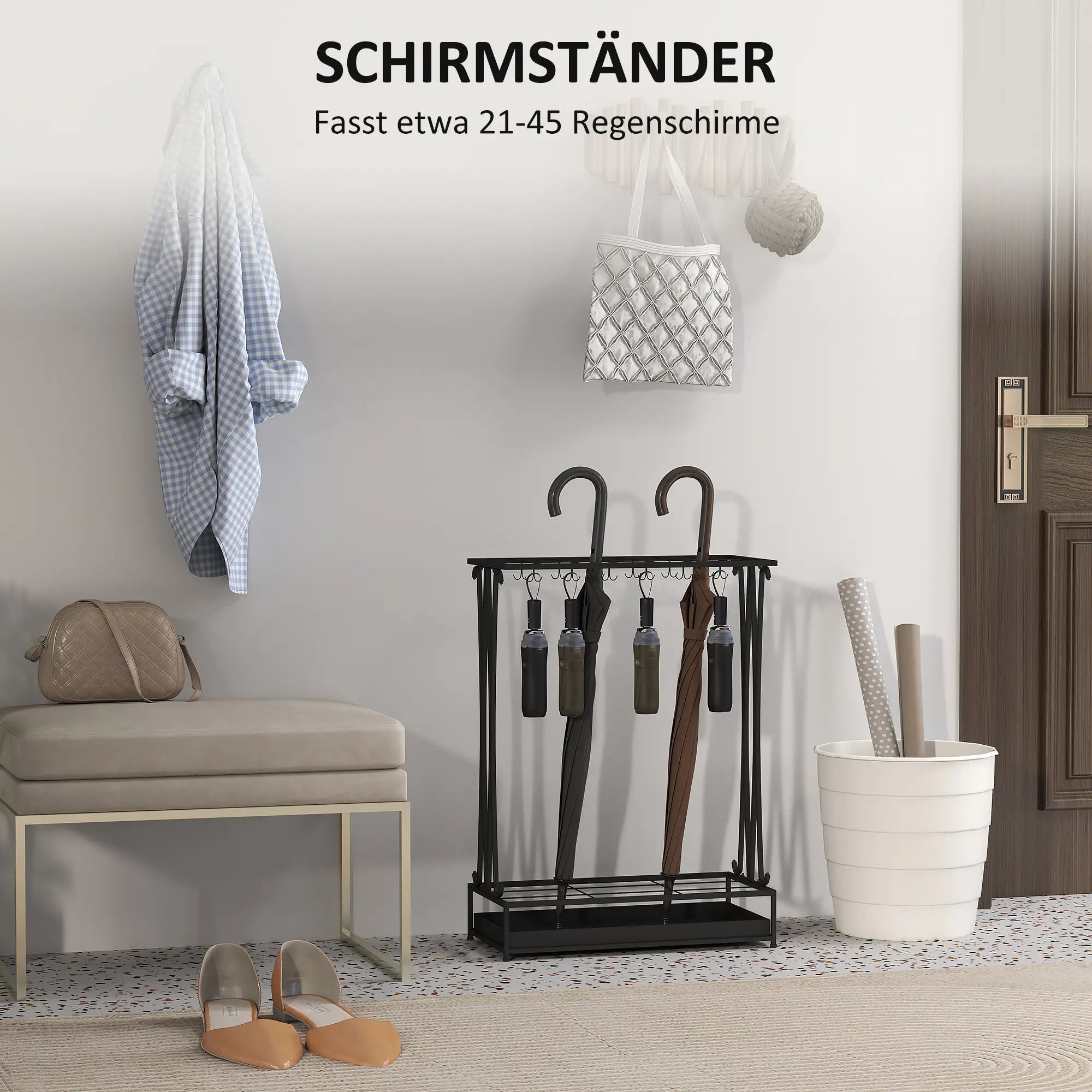 HOMCOM Schirmständer mit herausnehmbarer Tropfwasserschale, Regenschirmständer mit 21 Öffnungen und 24 Haken, Stahl, Schwarz