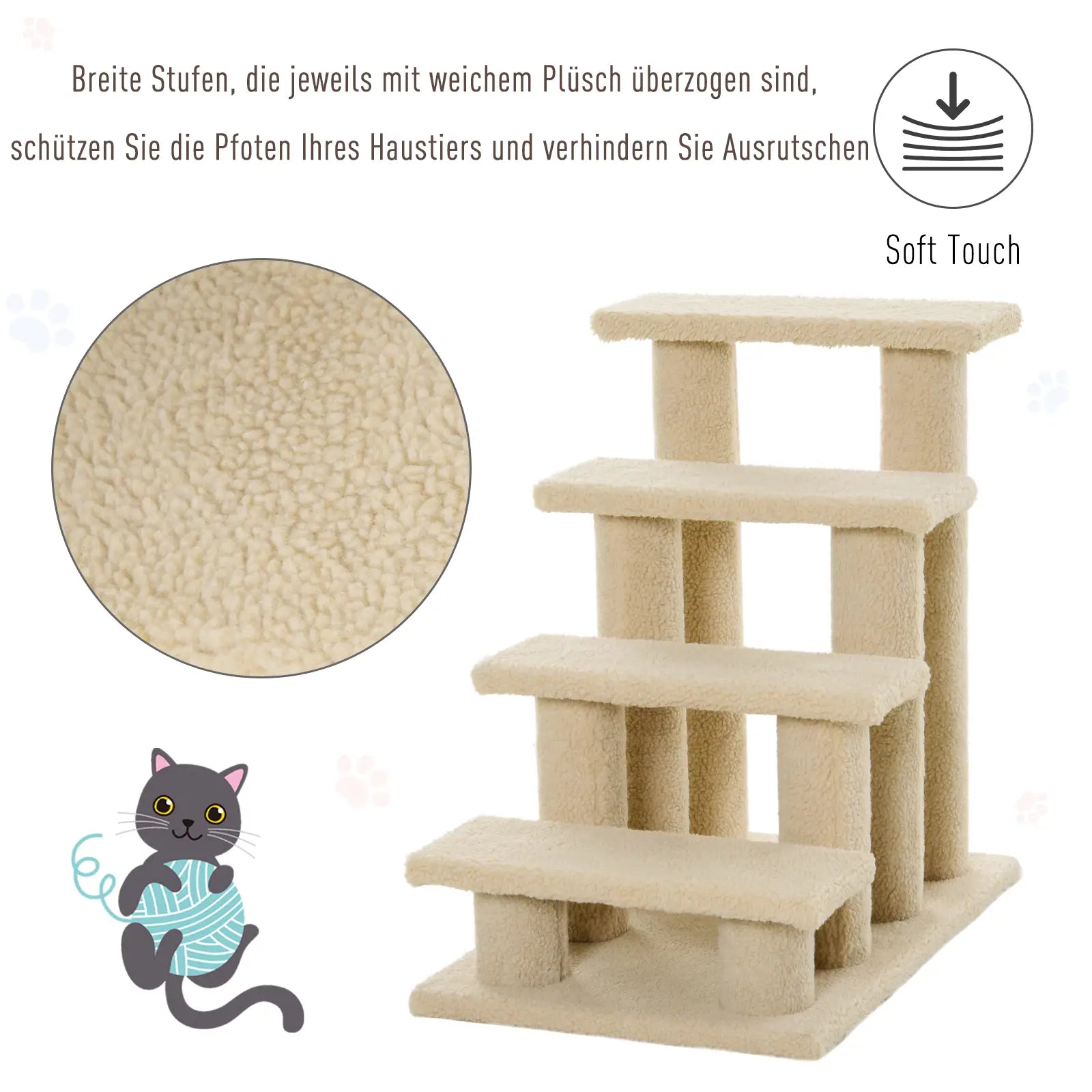 Escalier pour animaux de compagnie PawHut pour chiens et chats, 4 marches en peluche