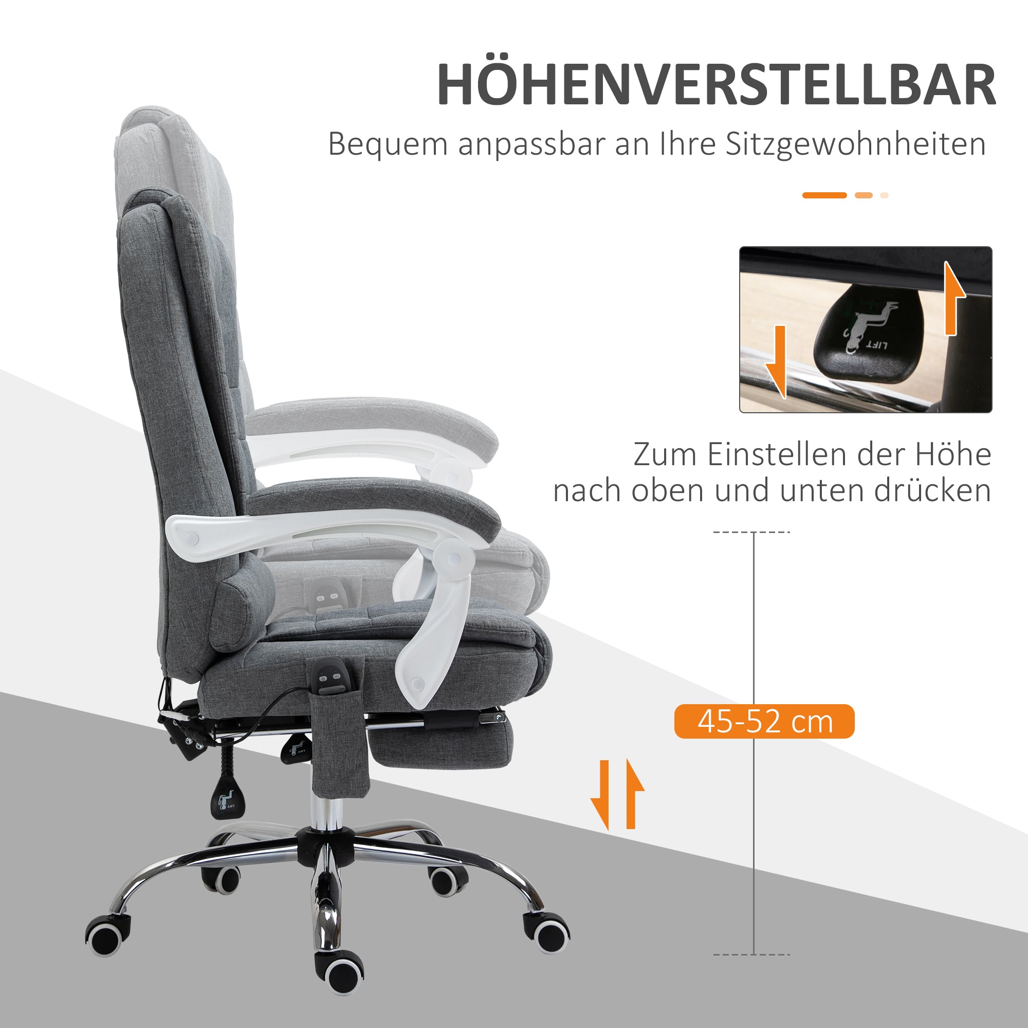 Vinsetto Bürostuhl mit Massage- und Heizfunktion, neigbare Rückenlehne, drehbar & höhenverstellbar, bis 120 kg, Grau