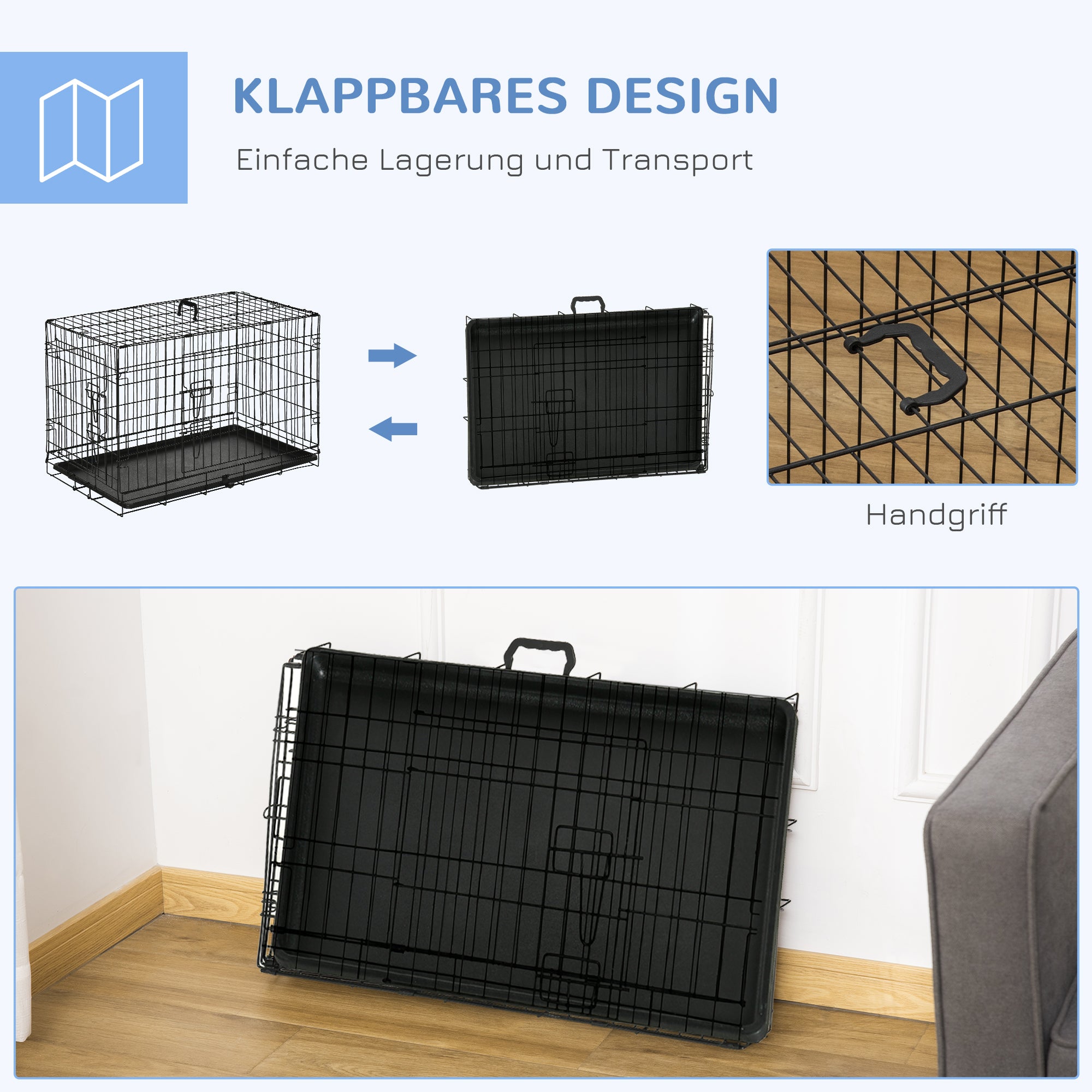 PawHut Hundekäfig, Transportkäfig, Drahtkäfig, herausnehmbare Bodenwanne, Schwarz
