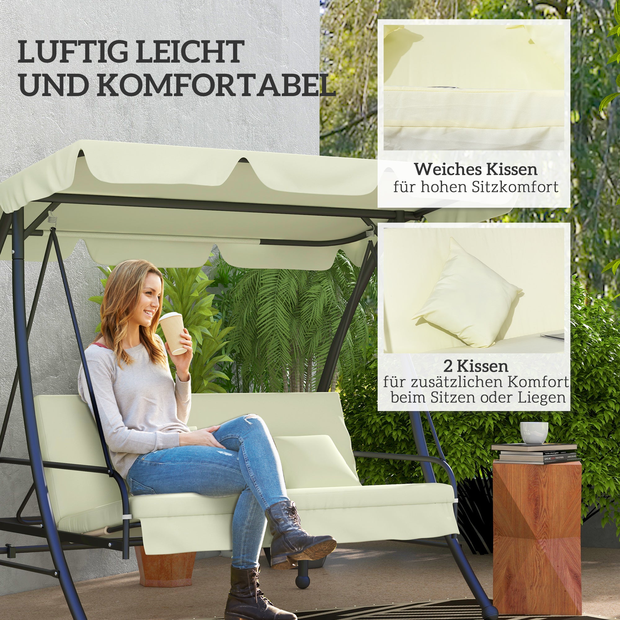 Outsunny Hollywoodschaukel, Schaukelbank mit Liege-Funktion, 3 Sitzer, Metall+Polyester, 200 x 125 x 170 cm, Weiß