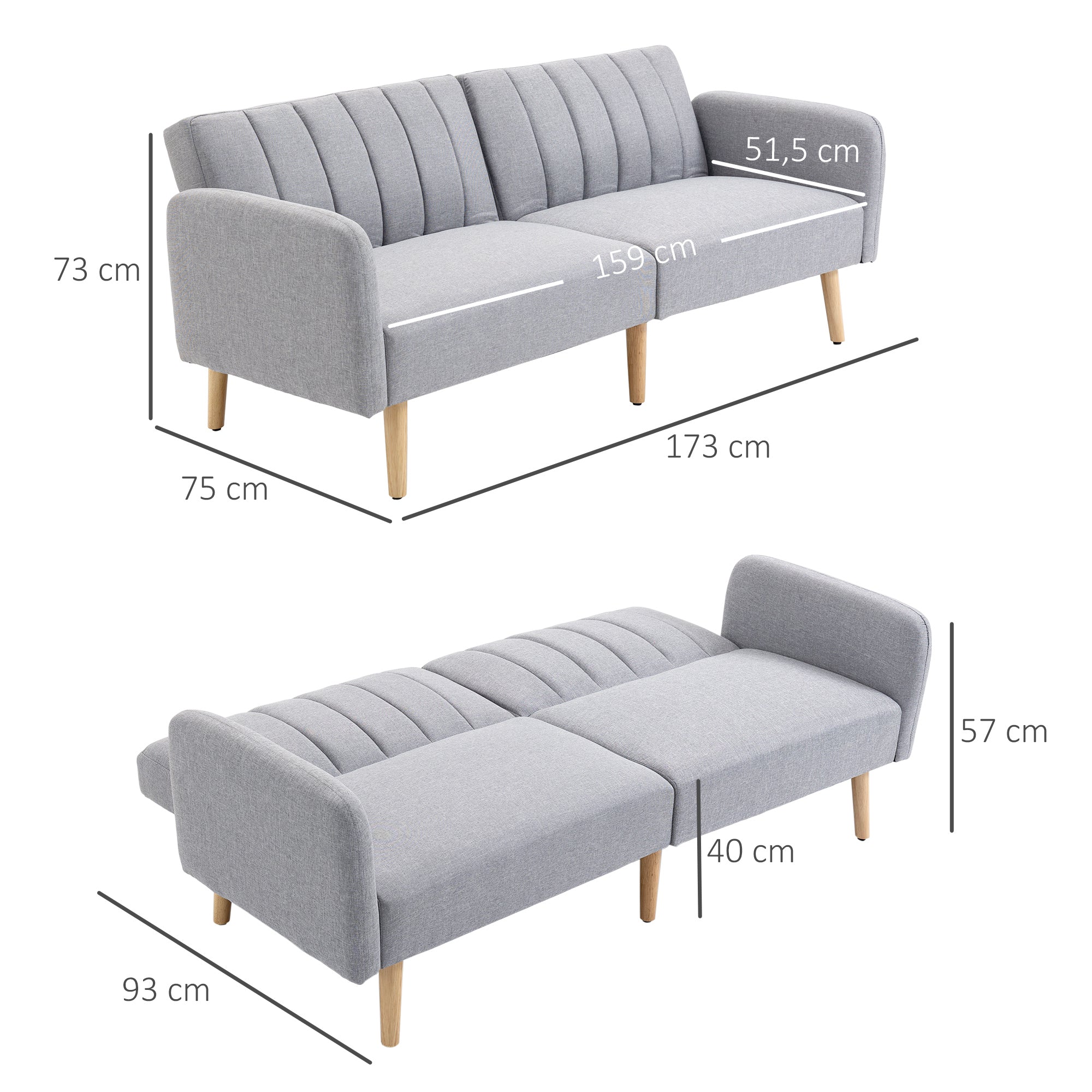 HOMCOM Schlafsofa, 2-Sitzer Stoffsofa, Sofa mit Schlaffunktion, leinenartiges Polyester, Kautschukholz, 173 x 75 x 73 cm, Grau