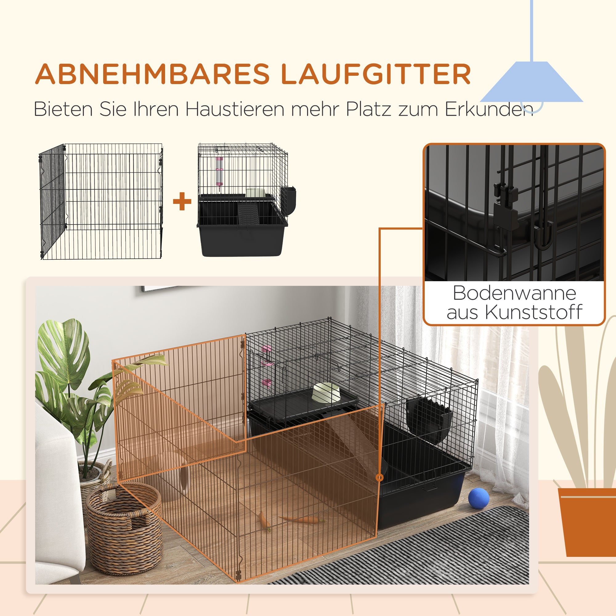 PawHut Kleintierkäfig mit abnehmbaren Gehege, Laufgitter mit Stall, inkl. Zubehör, Schwarz