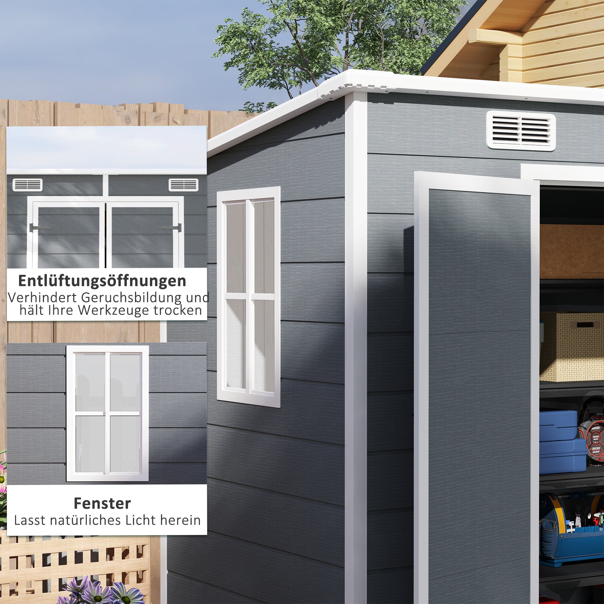 Outsunny 2,4 x 1,3 m Gartenschuppen, Kunststoff-Gartenhaus mit Boden, Fenster, verschließbare Türen, für Garten, Terrasse, Grau