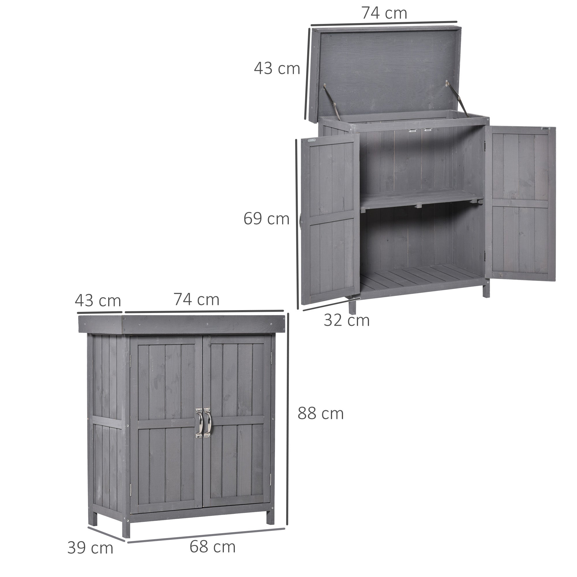 Outsunny Geräteschrank, Doppeltür, Klappdeckel, 2 Regalfächer, wetterfest, Naturholz, grau, 74 x 43 x 88cm