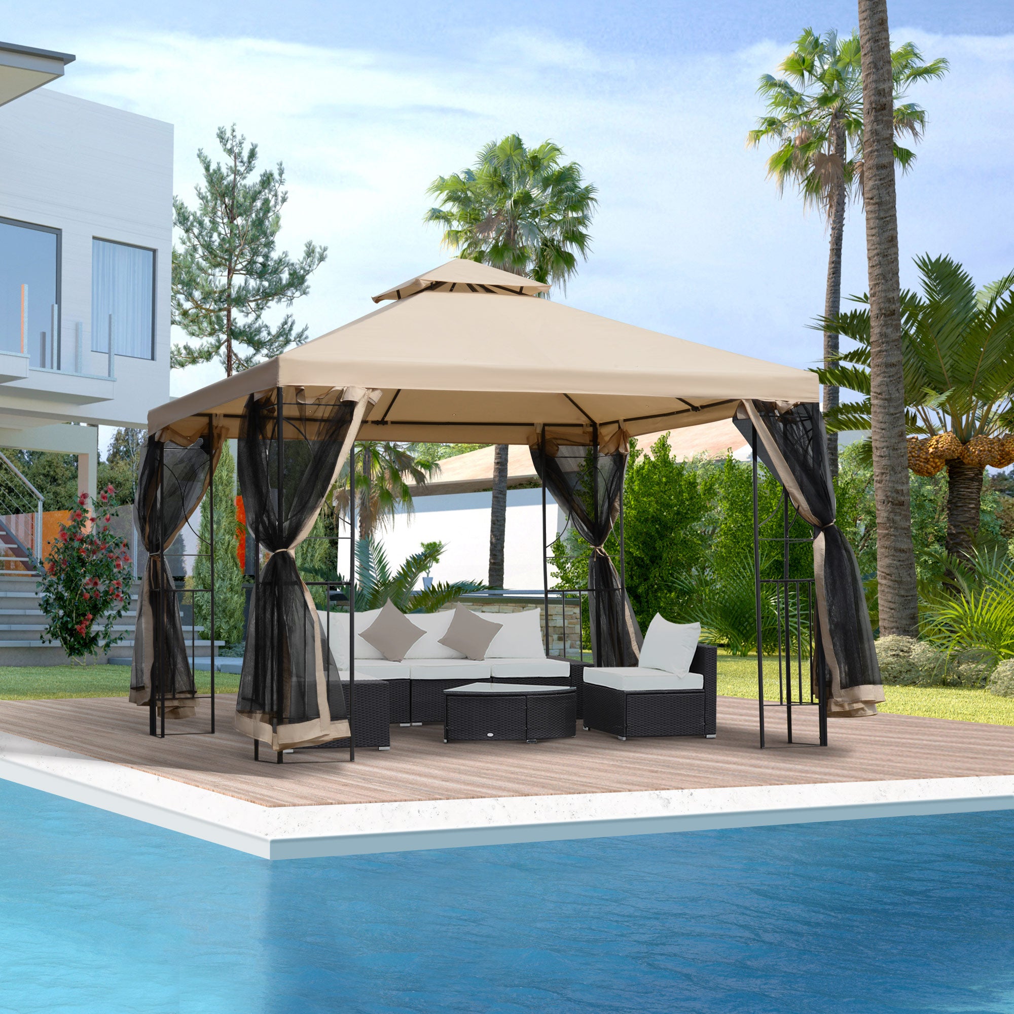 Outsunny Gartenpavillon Pavillon Festzelt Partyzelt wetterfest Zelt mit 4 Ablagen Metall + Polyester Beige 2,98 x 2,98 m