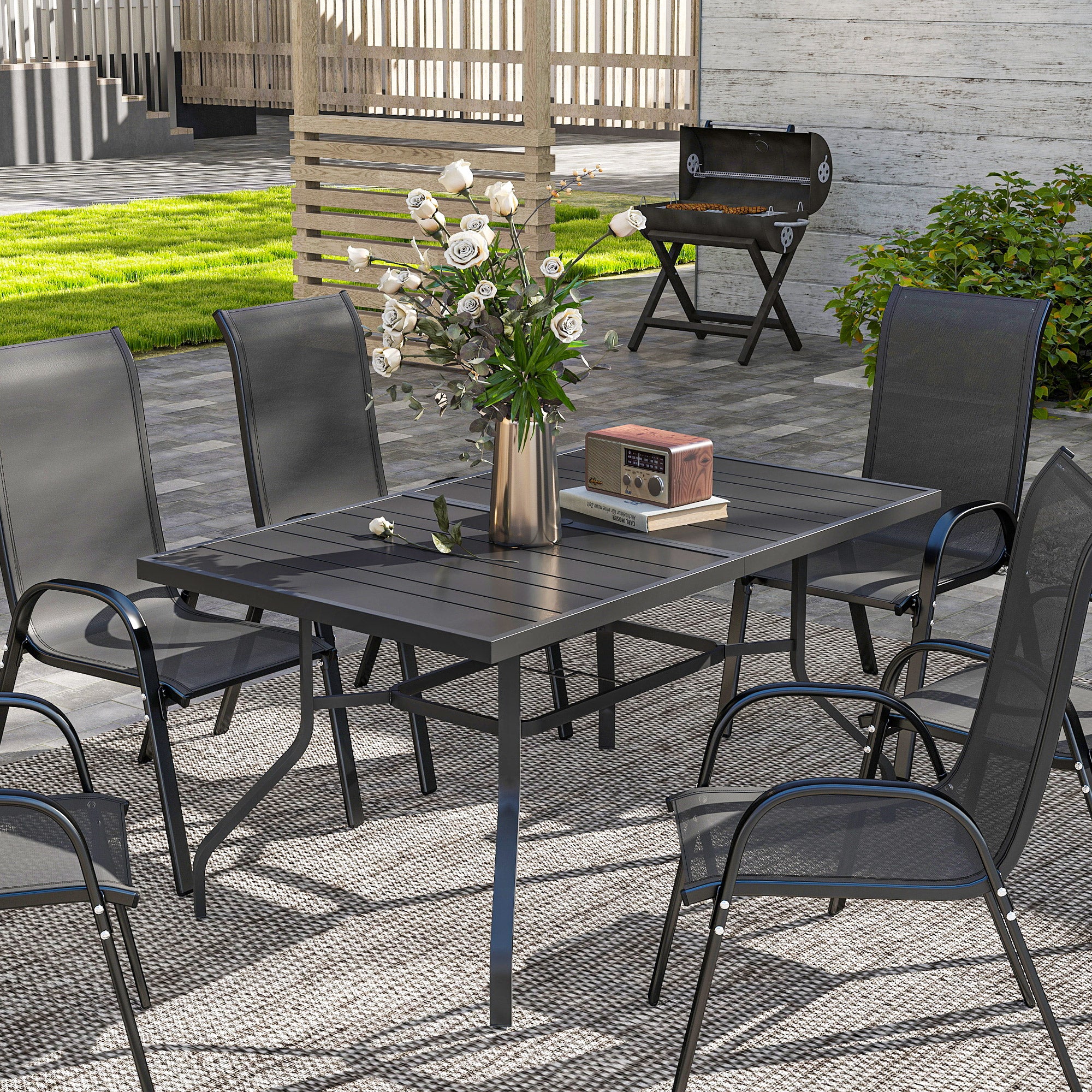 Outsunny Gartentisch 152x90 cm, Wetterfest Balkontisch aus Stahl, Beistelltisch mit Schirmloch, Latten-Design Schwarz