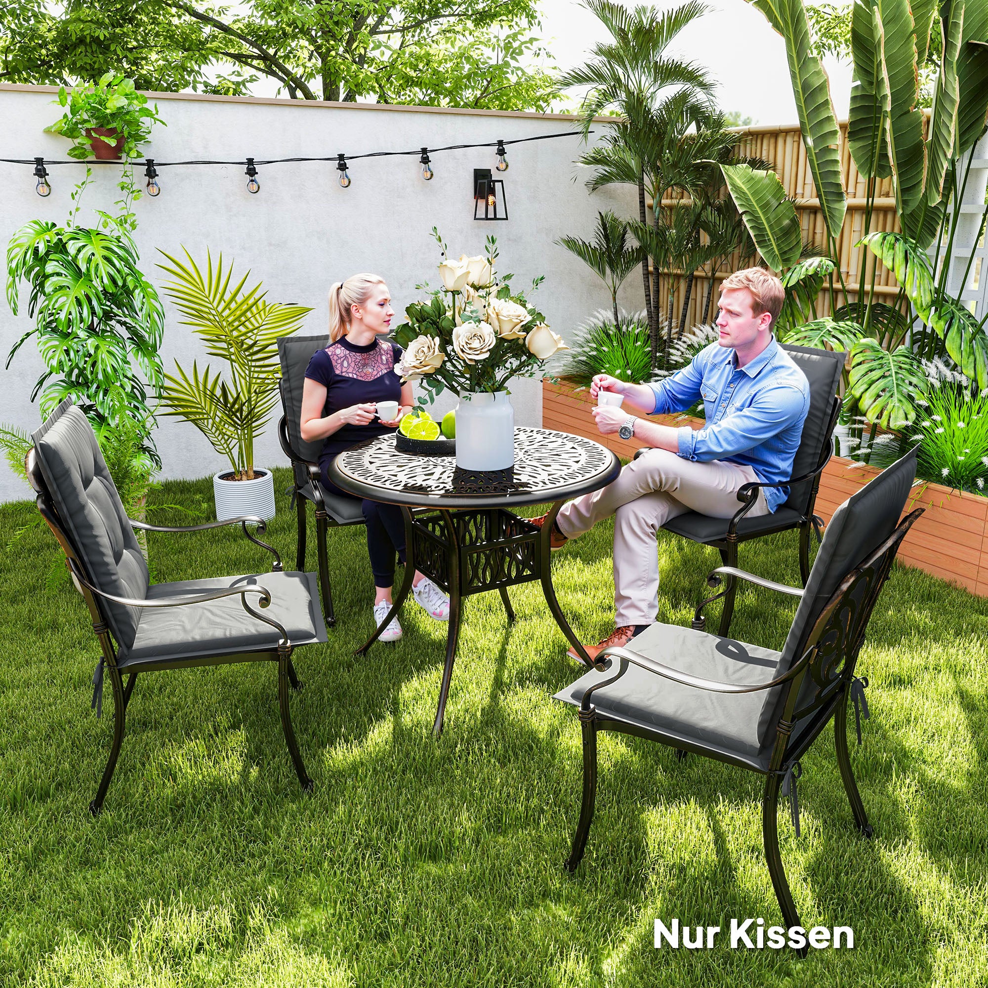 Outsunny 4er Set Sitzkissen 108 x 50 x 5 cm Stuhlkissen mit Bändern, Outdoor Indoor Sitzauflage Hellgrau