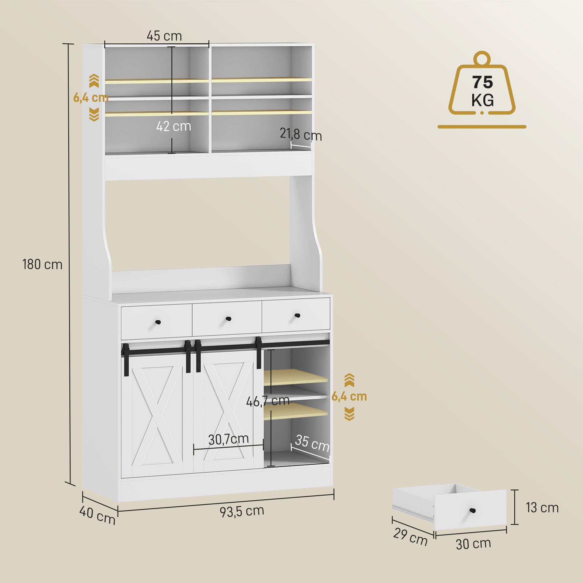 HOMCOM Küchenschrank mit Regalen, Schränken, Schubladen und Ablagefläche, Bauernhaus-Flair, verstellbare Regale, Holz, Weiß