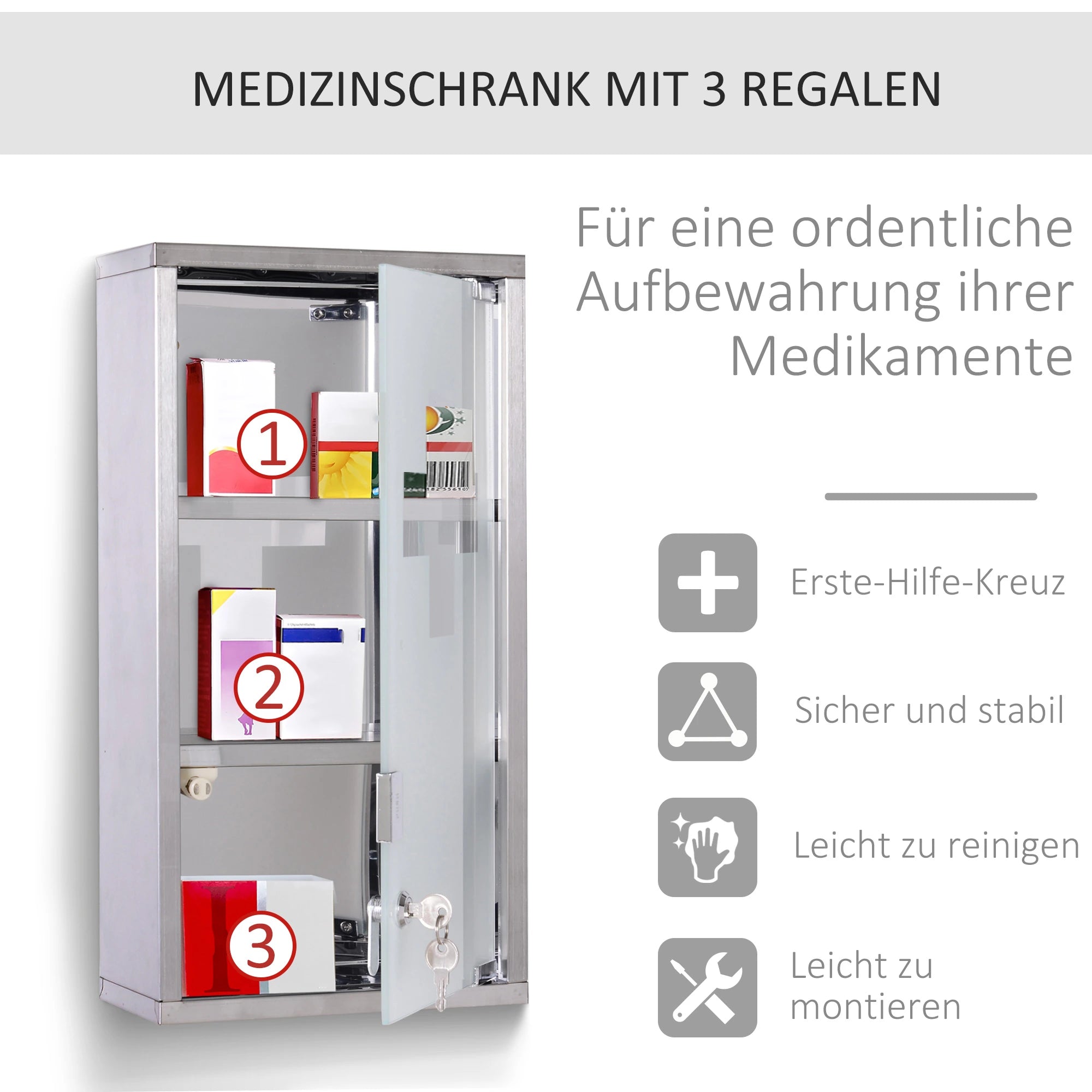 HOMCOM Medicine Cabinet – Medicine Cabinet with 3 Compartments, Stainless Steel
