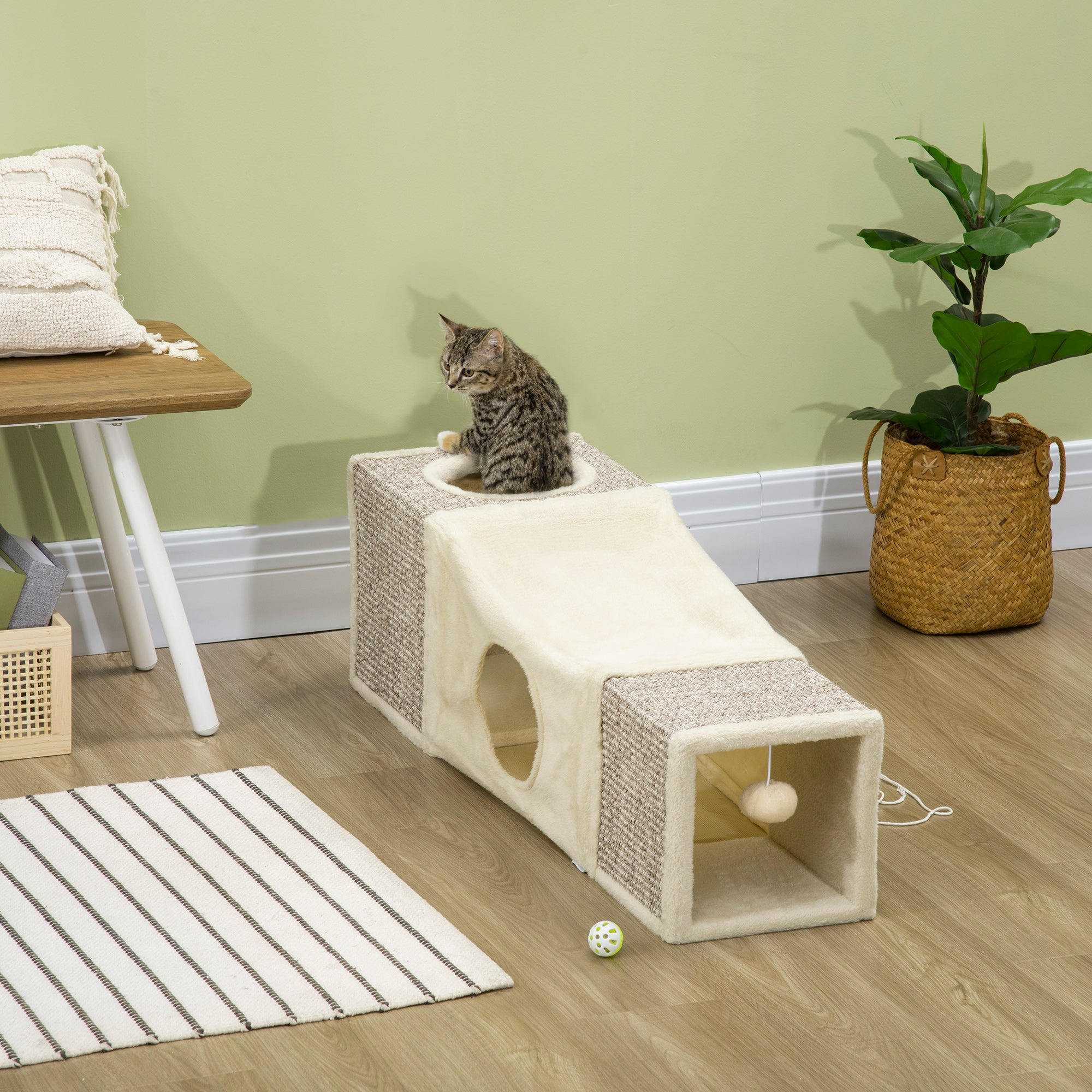 PawHut Katzentunnel, 2 Katzenhöhlen, Kratzflächen und Ballspielzeug, 98 cm x 30 cm x 30 cm, Braun + Beige