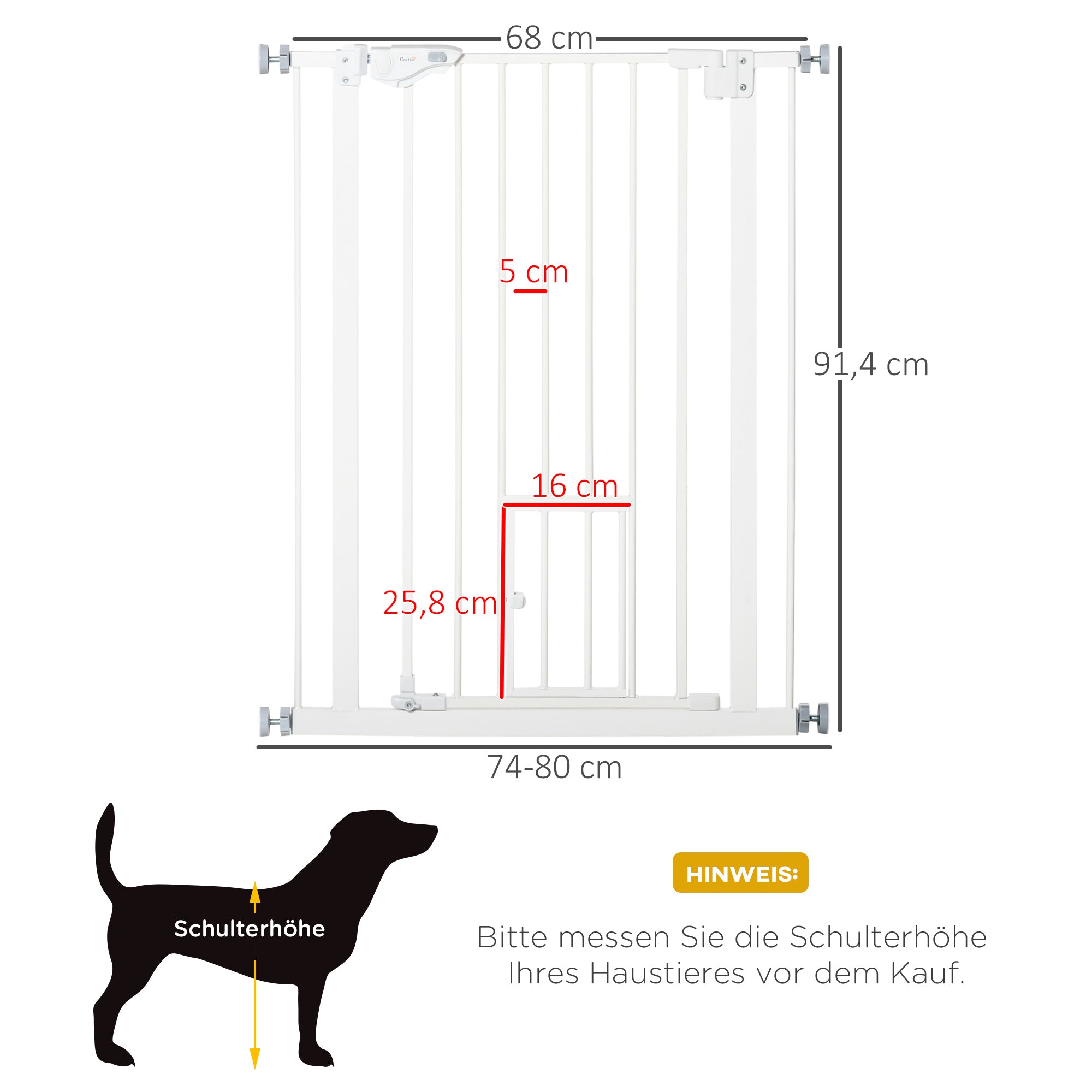 PawHut Türgitter mit Katzenklappe, Montage ohne Bohren, variable Breite 74-80 cm, einhändiges Öffnen, Metall, Weiß