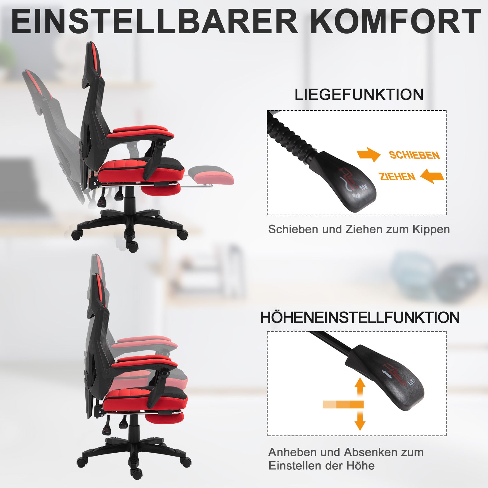 Vinsetto Ergonomischer Bürostuhl, Gaming Stuhl, Drehstuhl mit Fußstütze, PC Stuhl, Chefsessel,  höhenverstellbar, Polyester, Schwarz+Rot,58 x 63 x 112-122 cm