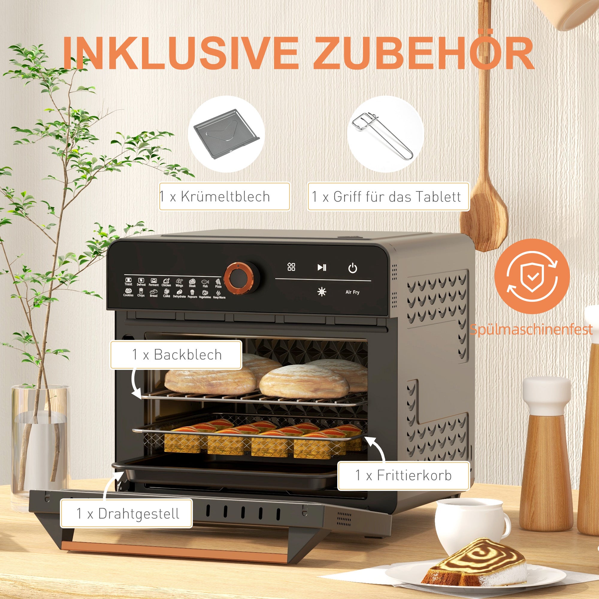 HOMCOM Minibackofen, 20 L, Mini-Ofen, 40-220°C, 17 Modi, Timer, 36 x 37 x 34,5 cm, Schwarz