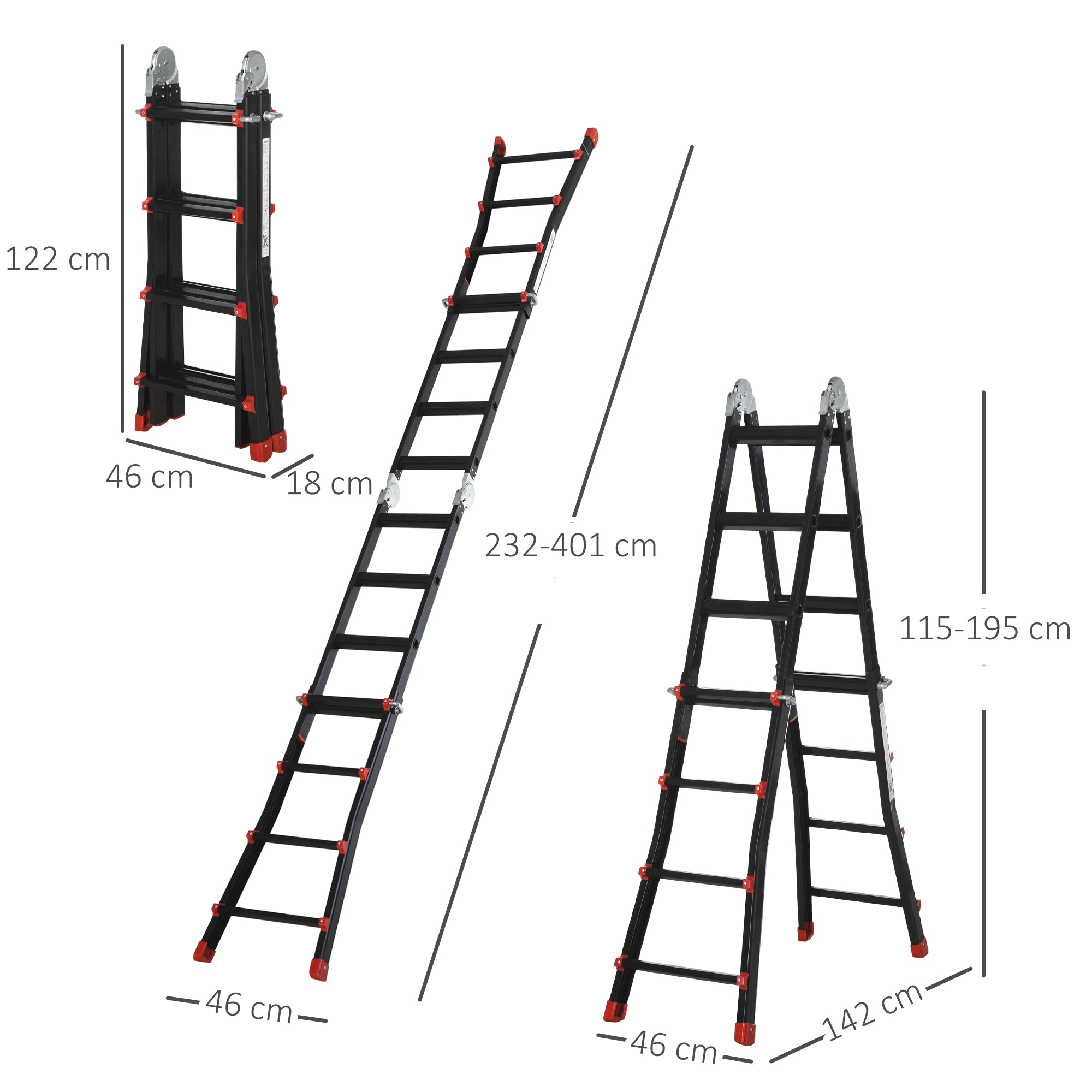 HOMCOM Teleskopleiter, rutschfeste Stufen, bis 150 kg belastbar, Aluminium, Schwarz+Rot