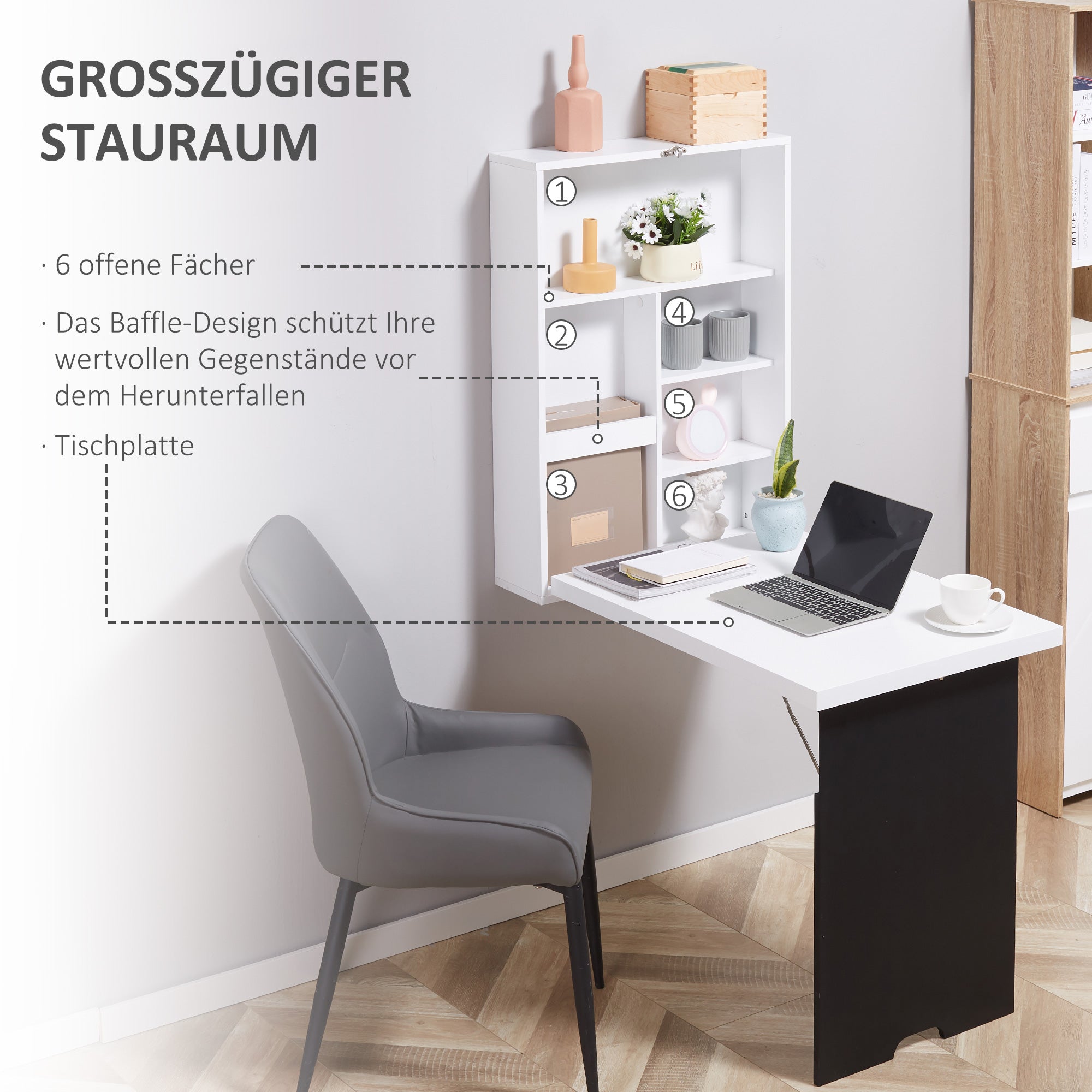 HOMCOM Wandschreibtisch, klappbare Tischplatte, 5 Fächer, 60x94,5x147cm, Schwarz/Weiß