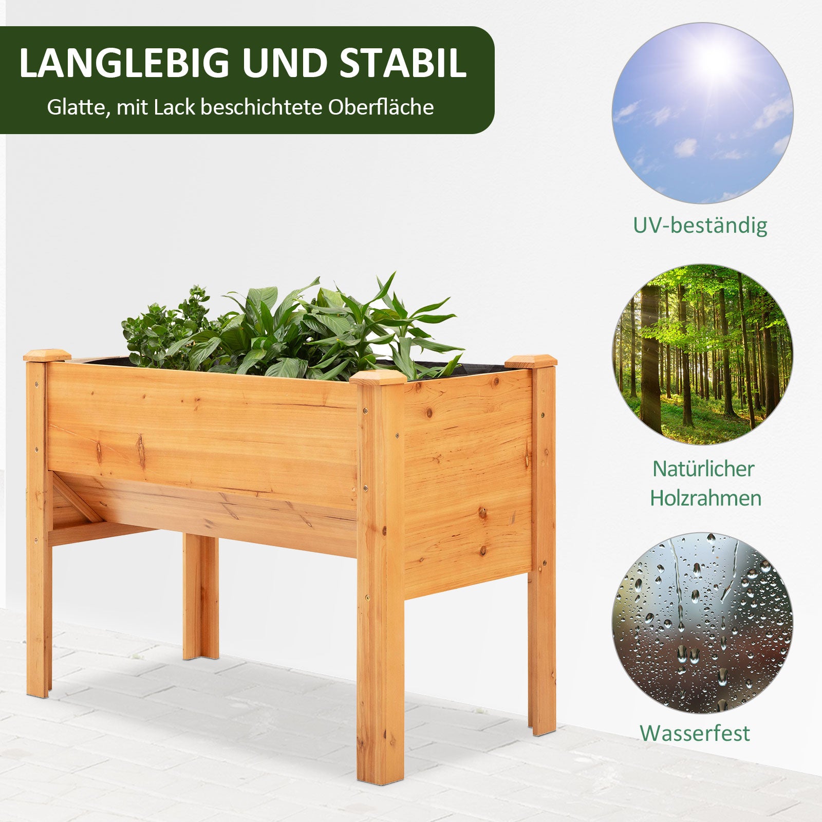 Outsunny Hochbeet aus Holz Kräuterbeet Pflanzkasten mit Abflussloch Haken Blumenkasten mit Füßen Massivholz Natur 120 x 60 x 81 cm