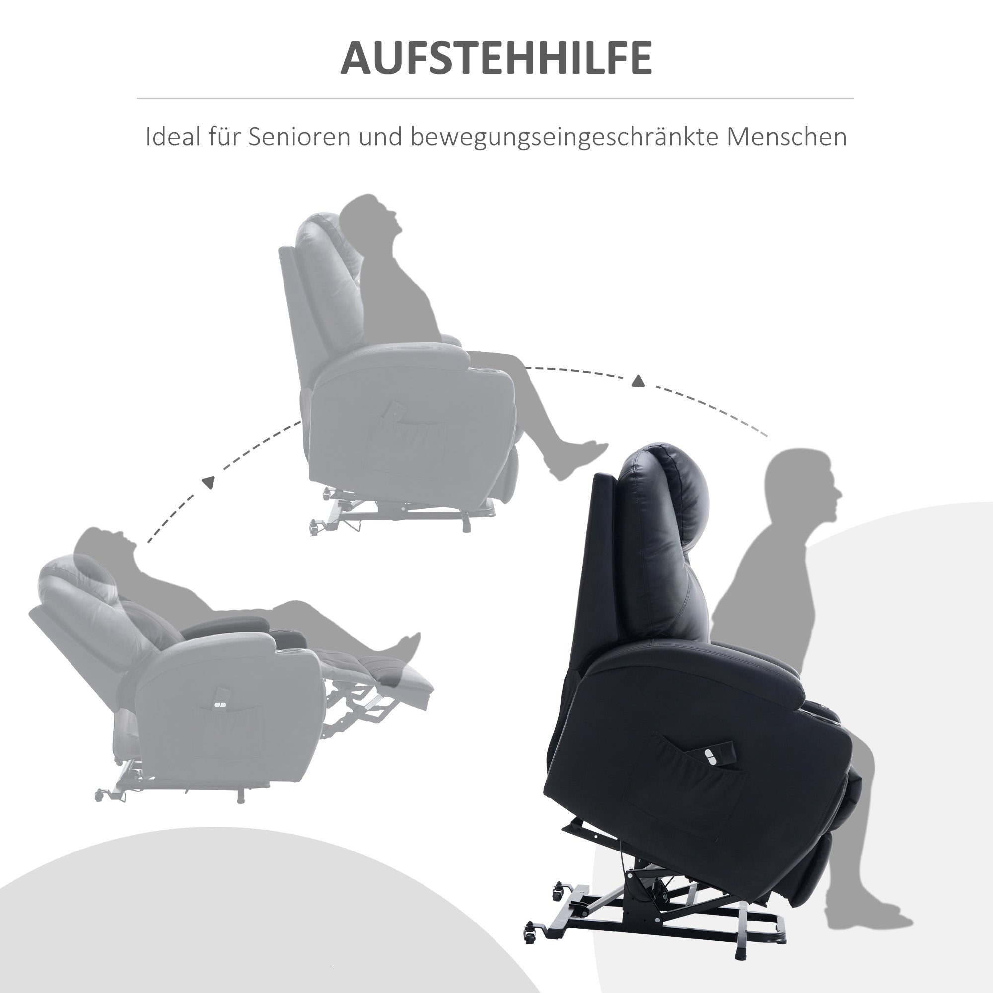 HOMCOM Fernsehsessel mit Aufstehhilfe Elektrisch Relaxsessel mit Liegefunktion, TV-Sessel mit Becherhalter, Seitentasche und Fernbedienung, Kunstleder, Schwarz