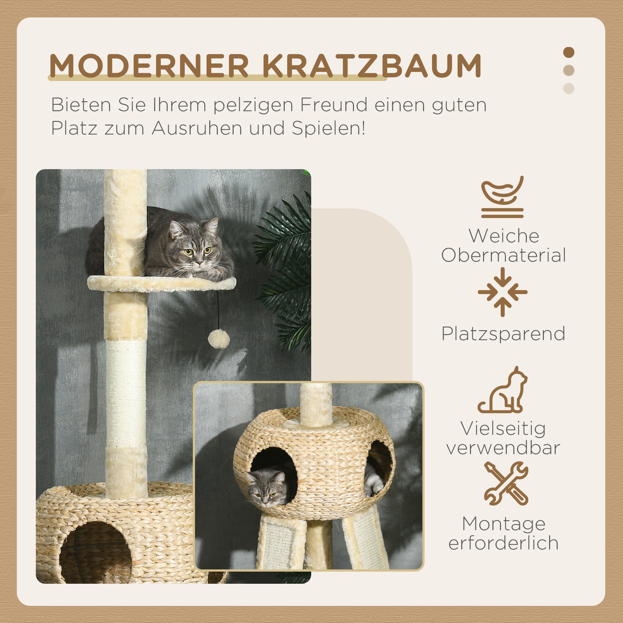 PawHut Kratzbaum Katzenbaum, 1 Katzenhöhle, 1 Katzenhängematte, 1 Liegefläche, 48 cm x 48 cm x 255 cm, Natur + Beige