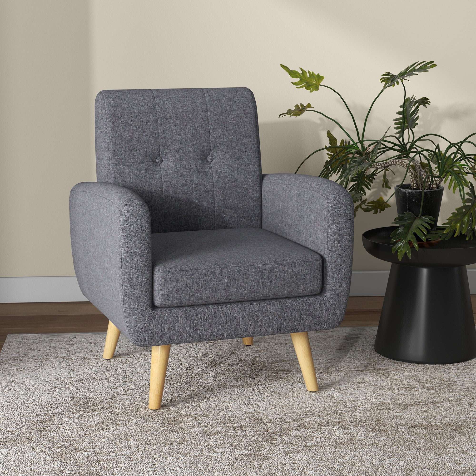 HOMCOM Sessel im Skandi-Design, Akzentsessel, Knopfheftung, Natur + Hellgrau