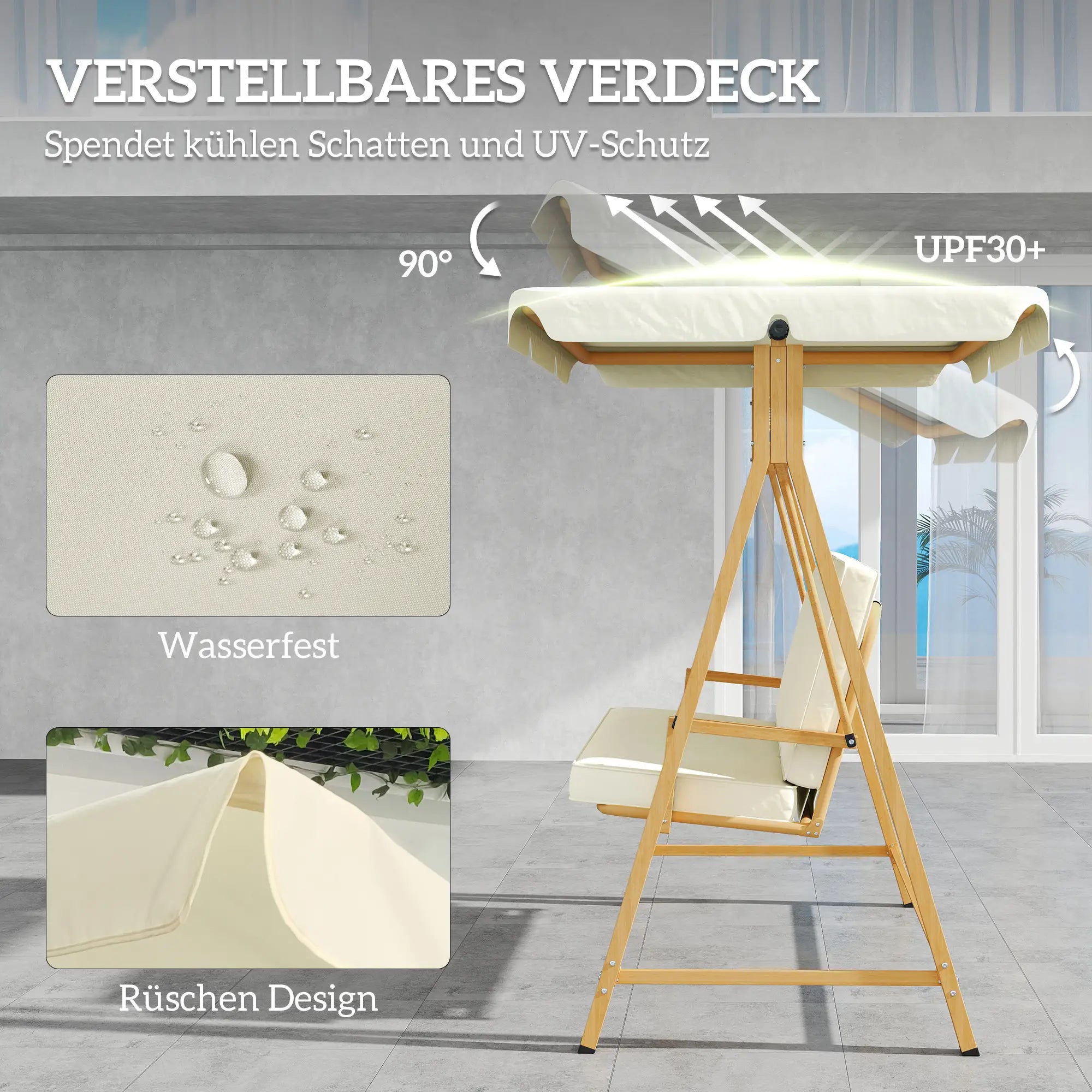 Outsunny Hollywoodschaukel mit verstellbarem Sonnendach Sitzauflage, 3-Sitzer bis 330kg 198 x 120 x 170cm, Beige