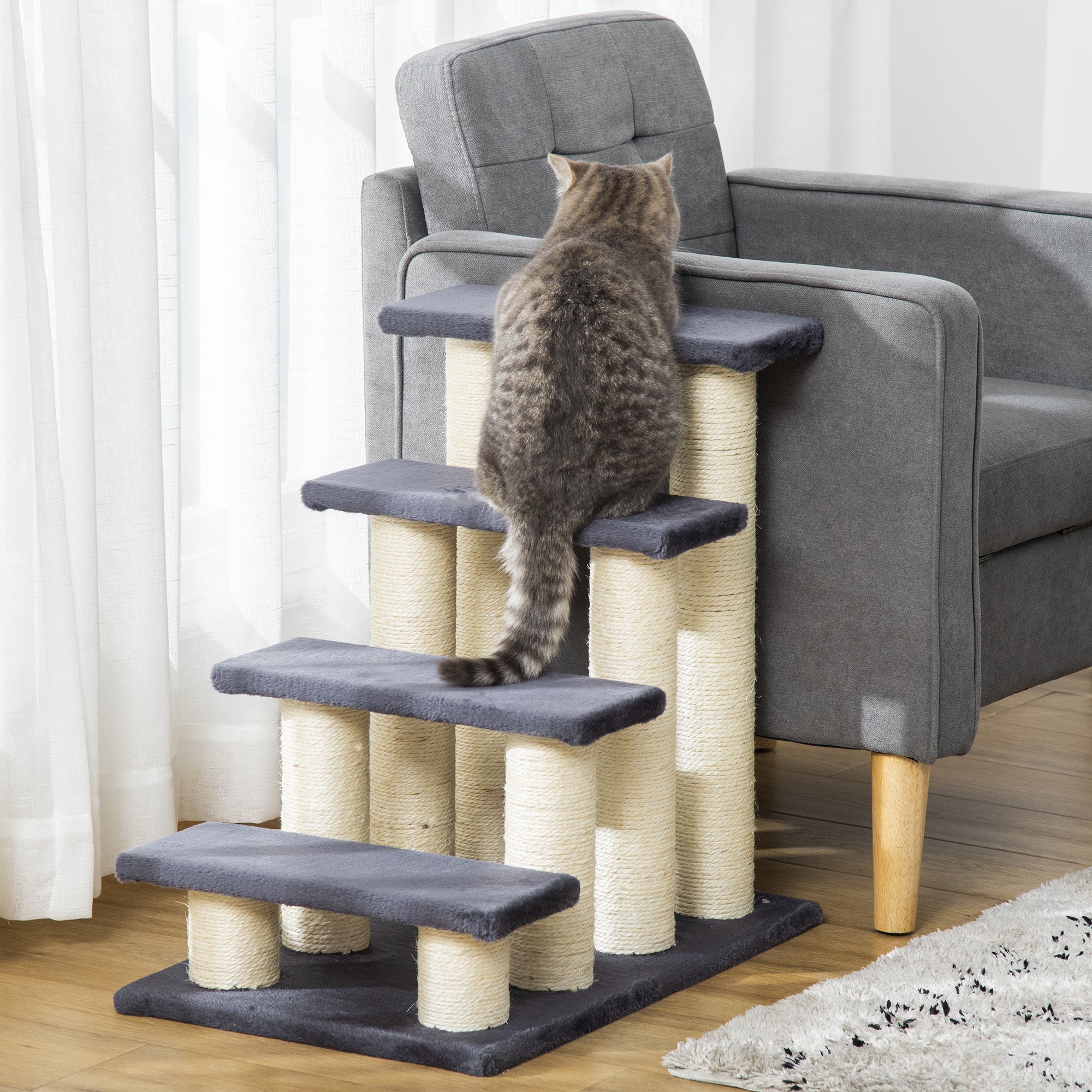 PawHut Hundetreppe 4 Stufen 59 cm Hoch Haustiertreppe für Katze und Hunde Hunderampe Katzentreppe Einstiegshilfe für Bett, Sofa, Couch Grau
