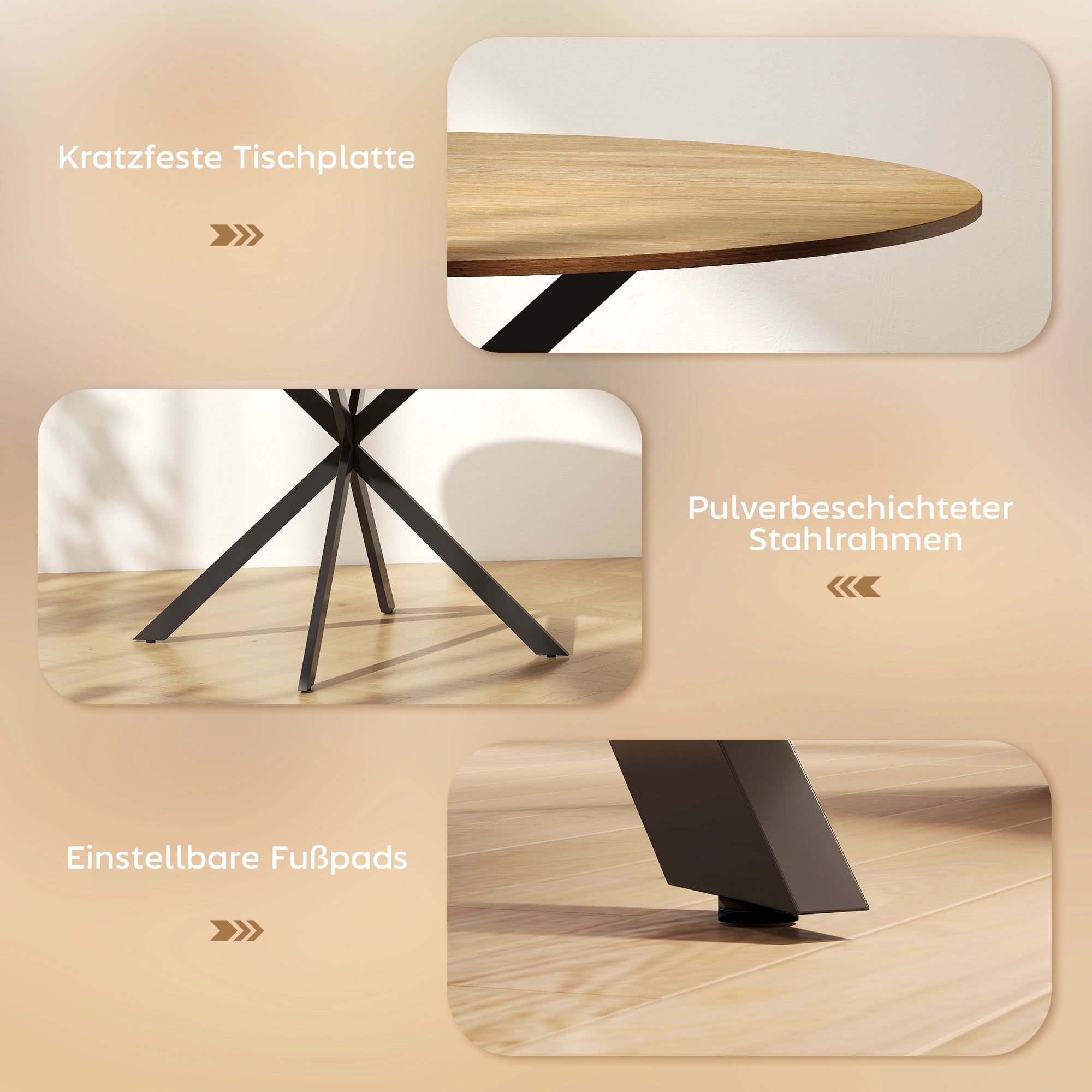 HOMCOM Runder Esstisch für 4 Personen, Küchentisch im Industriestil mit Stahlbeinen, für Esszimmer, Küche, Eiche