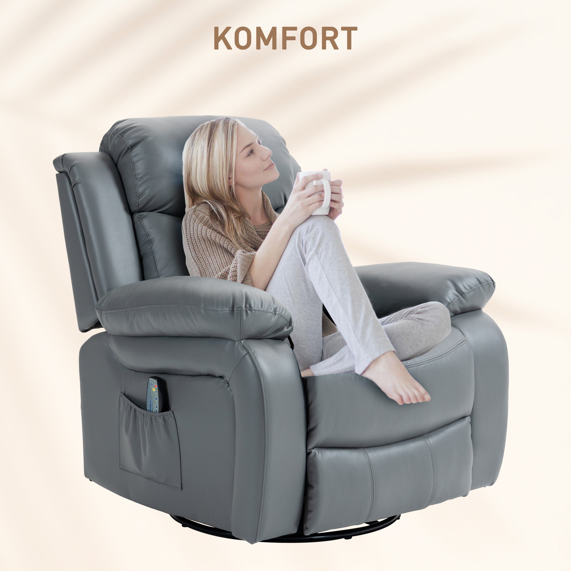 HOMCOM Massagesessel, Wipp- & Liegefunktion, drehbar, bis 150 kg, Kunstleder, Grau