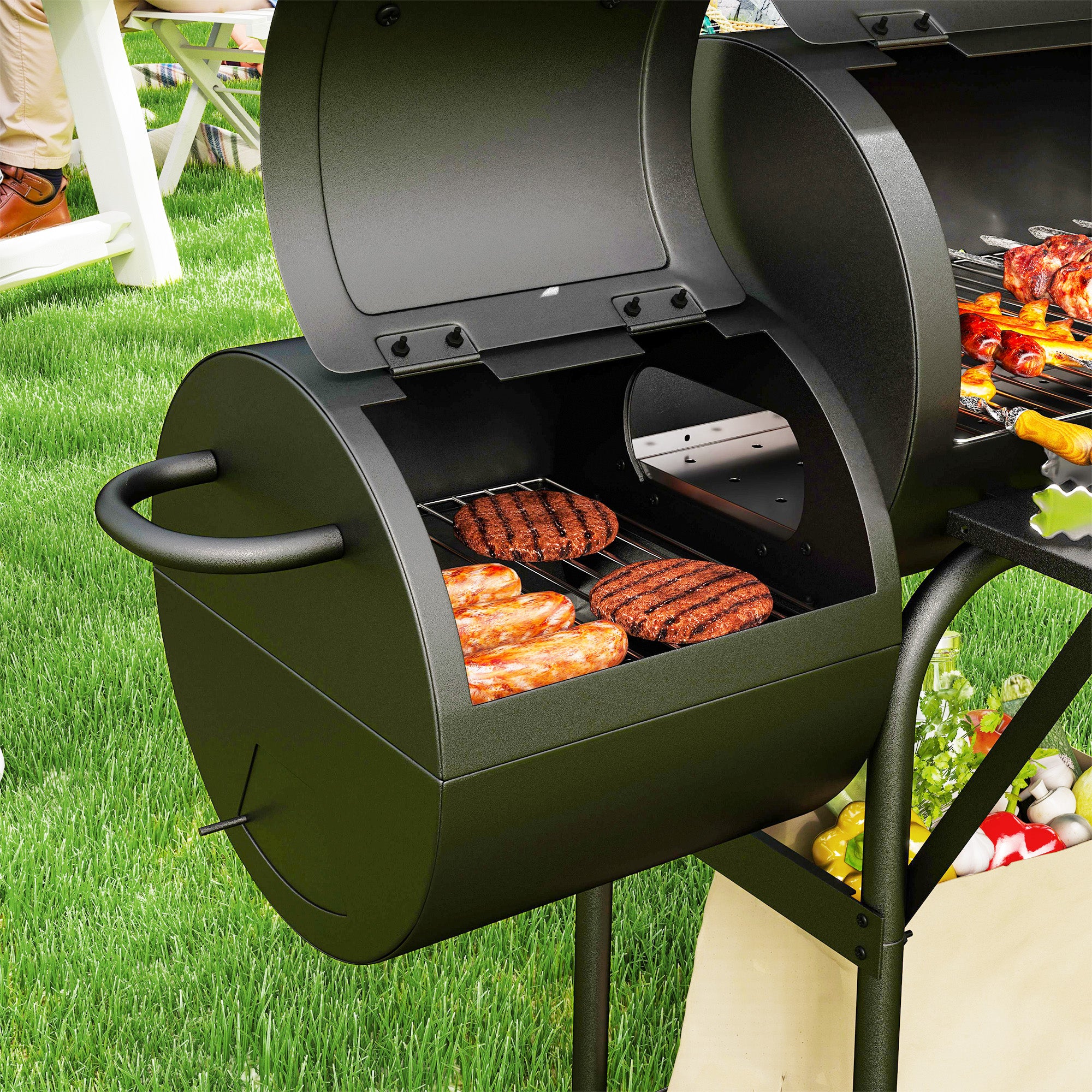 Outsunny Holzkohlegrill aus Stahl BBQ Smoker mit Deckel Thermometer Räder Luftzufuhr Kohlewanne