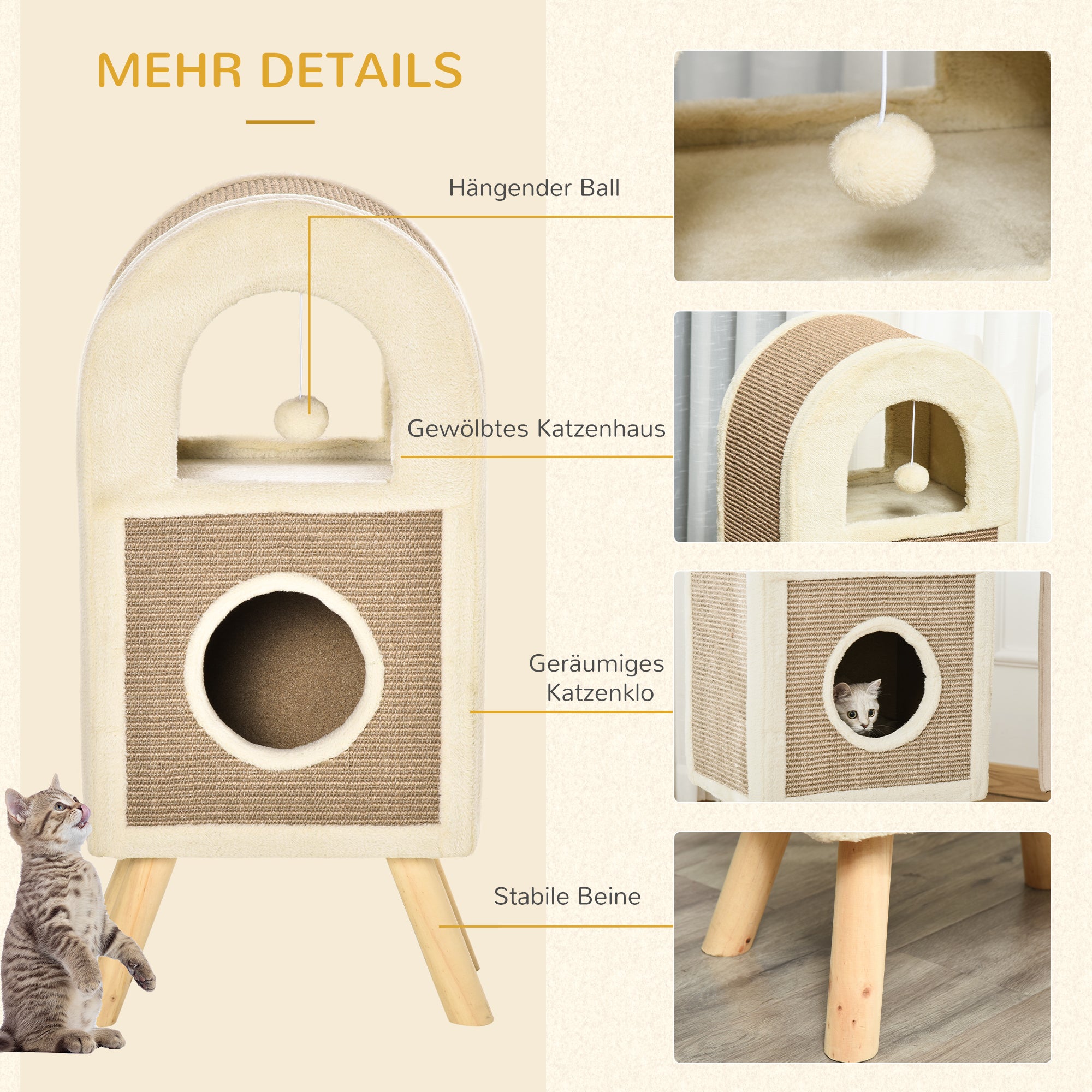 PawHut Kratzbaum Katzenhöhle Katzenkratzbaum Kratztonne mit kratzbrett Spielbällen katzenbett Kratzmatte mehrstöckig Spanplatte Plüsch Sisal Kaffee 40 x 34 x 91 cm