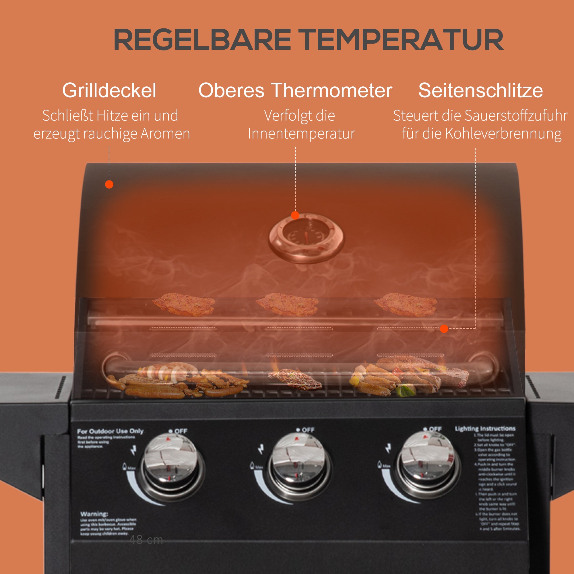Outsunny Gasgrill, BBQ-Grill mit 3 Brennern je 2,9 kw, 4 Räder, Schwarz