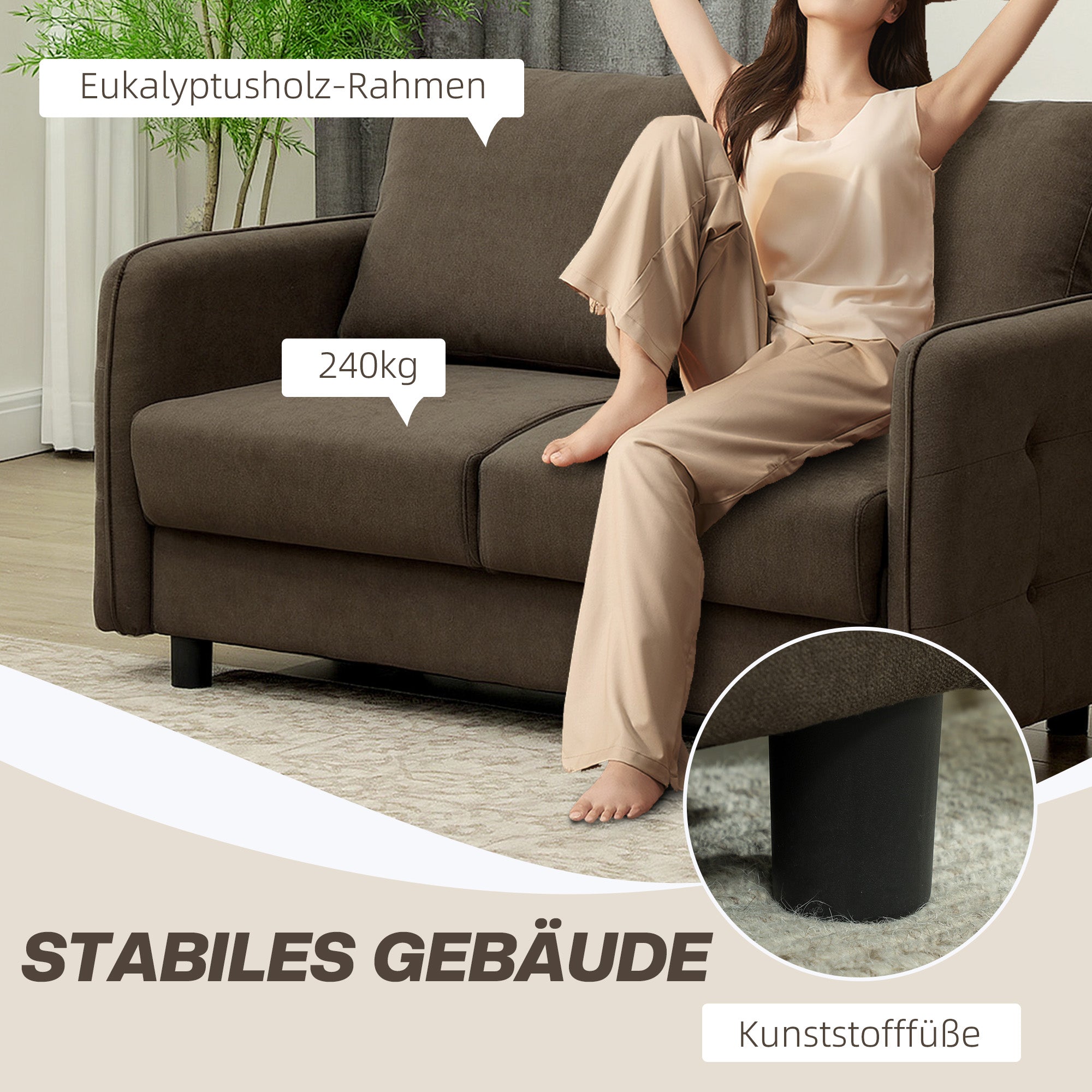HOMCOM Zweisitzer-Sofa mit Stauraum, Polstersofa in Samtoptik mit Rückenkissen für Wohnzimmer, Schlafzimmer, Büro, Braun
