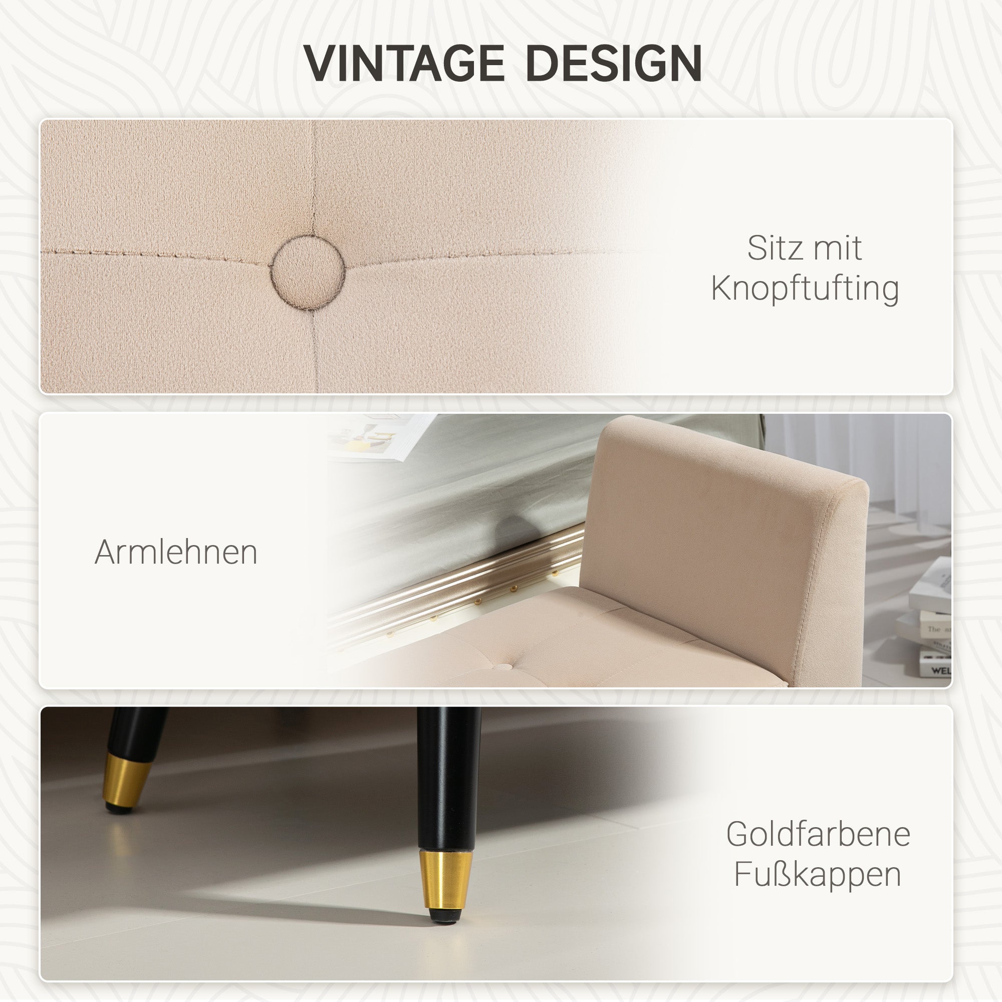 HOMCOM Polsterbank mit Stauraum, Armlehnen, Samtartiges Polyester, Kautschukholz, 107 x 42 x 65 cm, Beige
