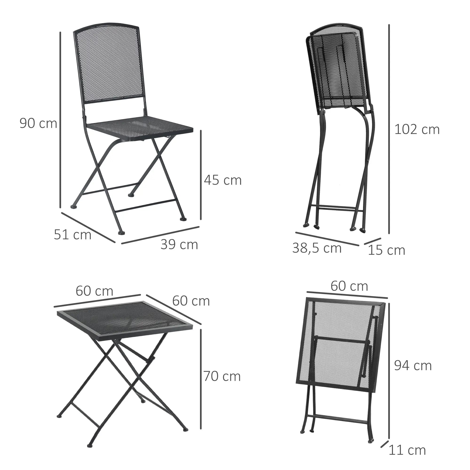 Outsunny Garten Sitzgruppe für 2 Personen Bistro-Set Garnitur 1 Tisch+2 faltbare Stühle für Terrasse Balkon Metall Grau