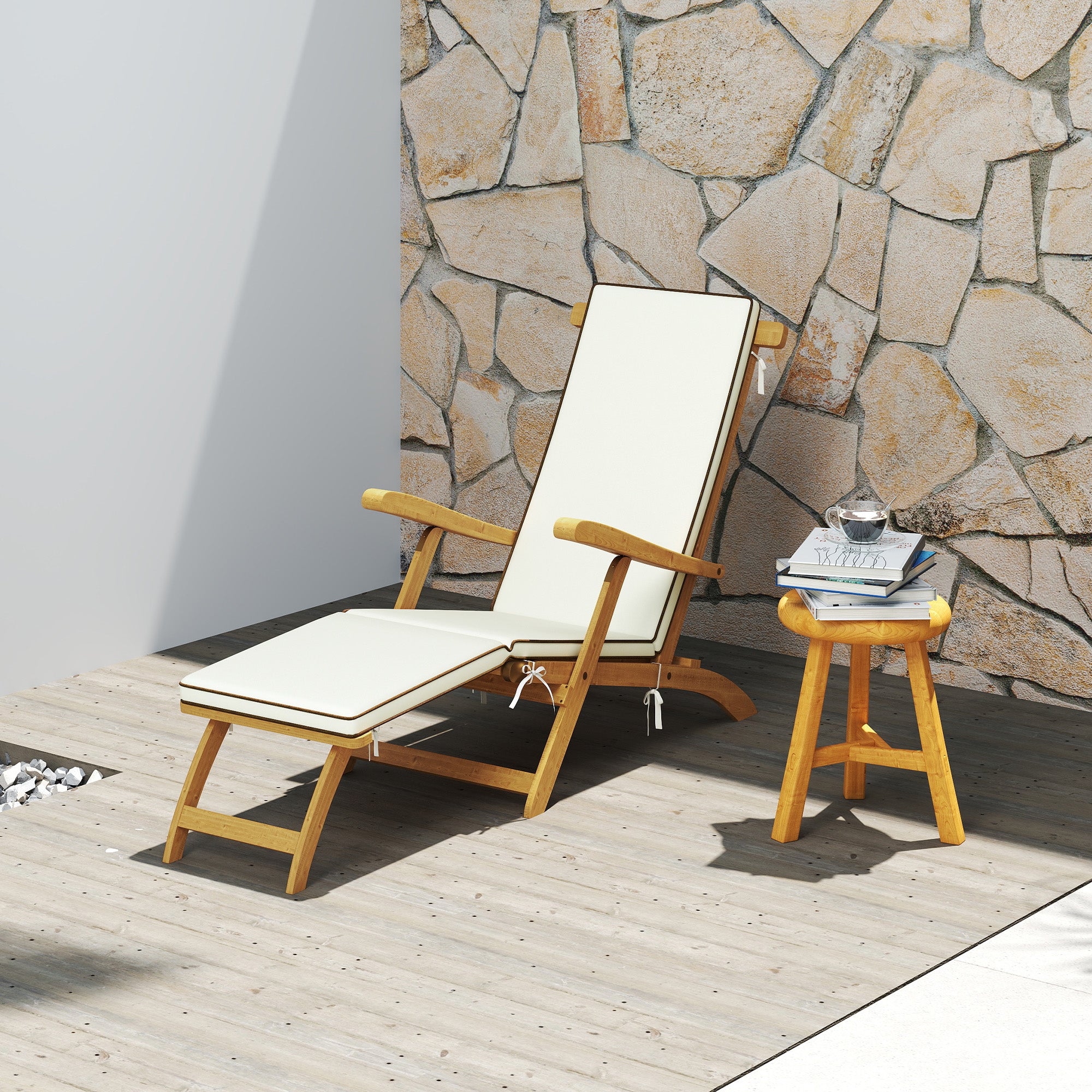 Outsunny Sonnenliege Holz klappbar Gartenliege mit Fußstütze, Matratze, Liegestuhl bis 160 kg belastbar Teak