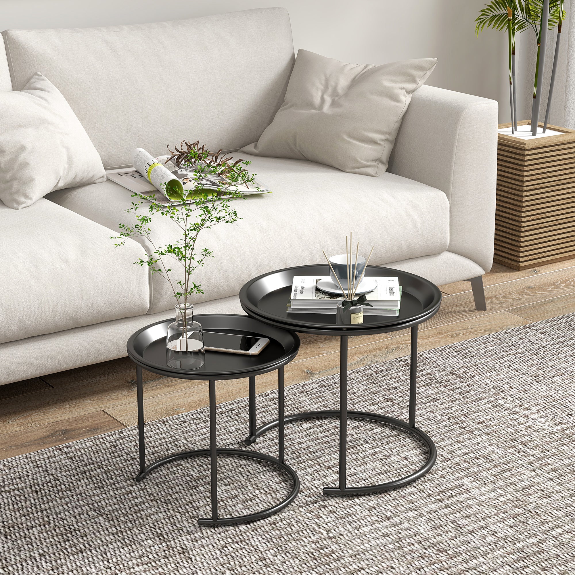 HOMCOM 2er-Set Beistelltische aus Metall, ineinander verschiebbar, Tischplatten als Tabletts verwendbar, Schwarz
