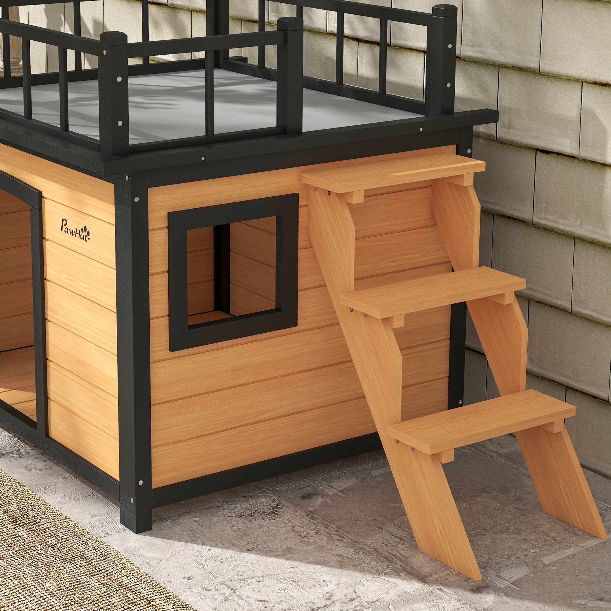 PawHut Hundehütte mit Dachterrasse, wetterfest, Holz, 121x77x78cm, Schwarz/Gelb