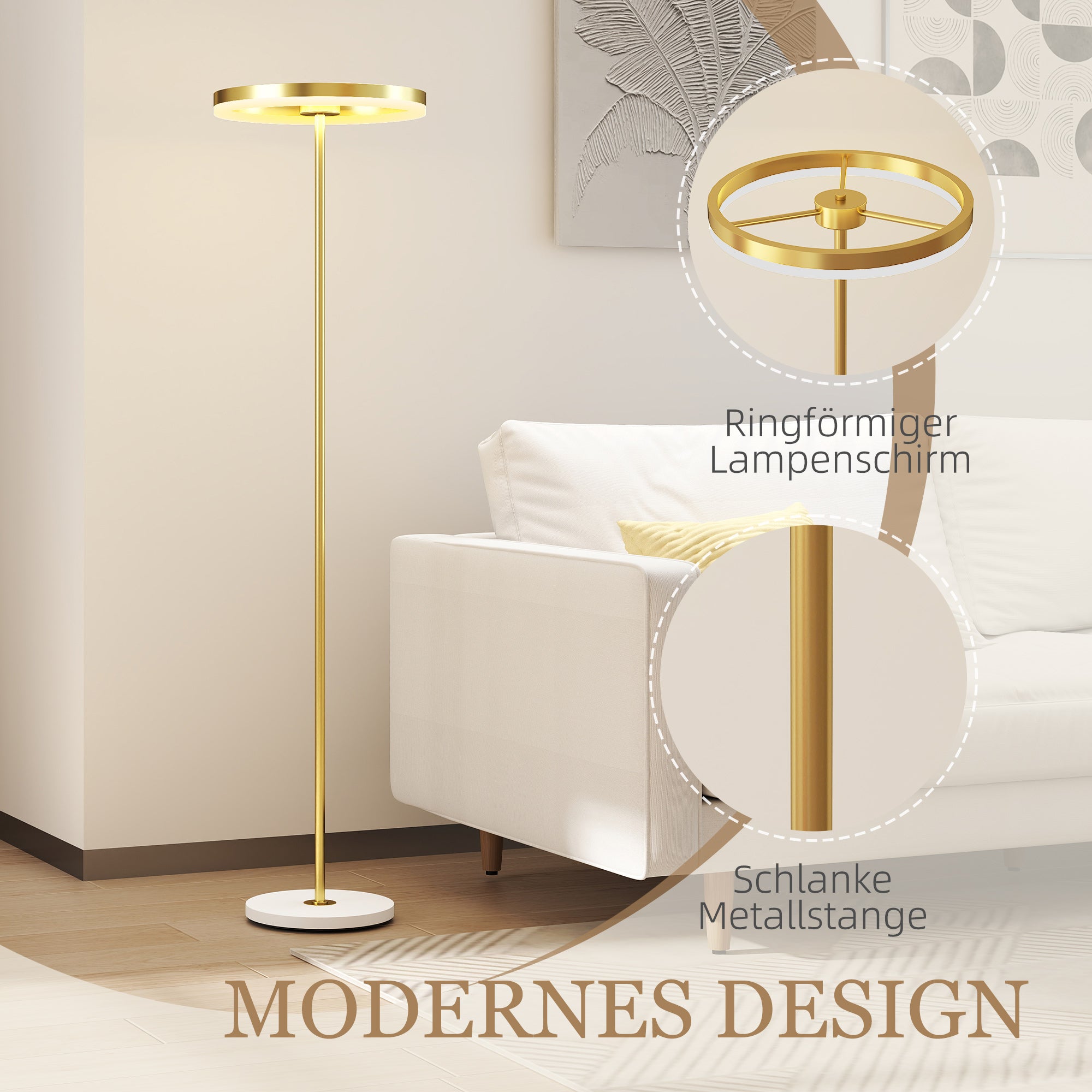 HOMCOM Stehlampe, Fußschalter, Metallstruktur, Acrylschirm, 4000K, dimmbar, Goldfarben