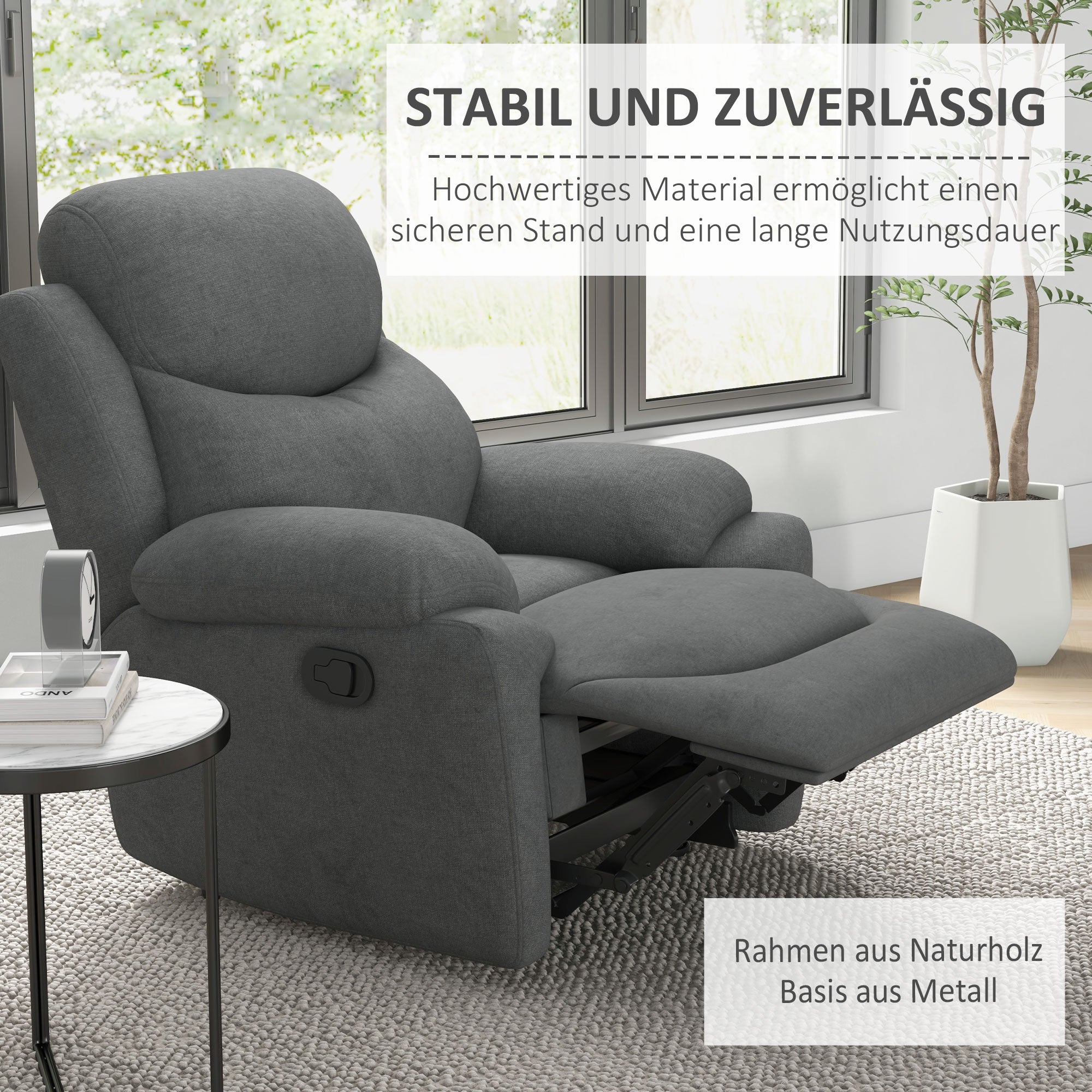 HOMCOM Relaxsessel Liegesessel Fernsehsessel, Liegefunktion Leinenoptik, 93 cm x 88 cm x 102 cm, Grau