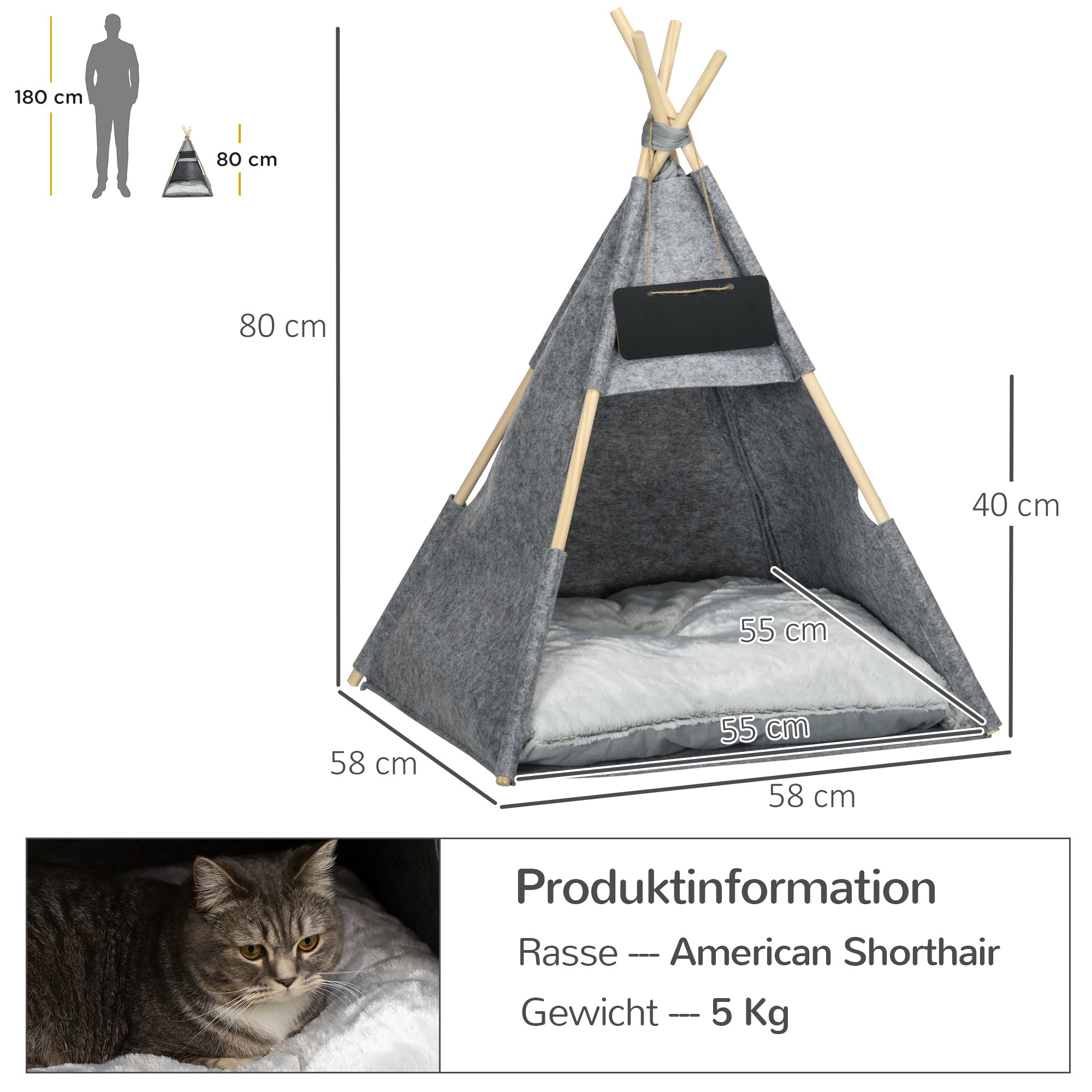 PawHut Haustierzelt Katzenhaus Hundezelt Katzenbett Katzenzelt mit weichem Kissen Plüsch Filz maschinenwaschbar Grau 58 x 58 x 80 cm