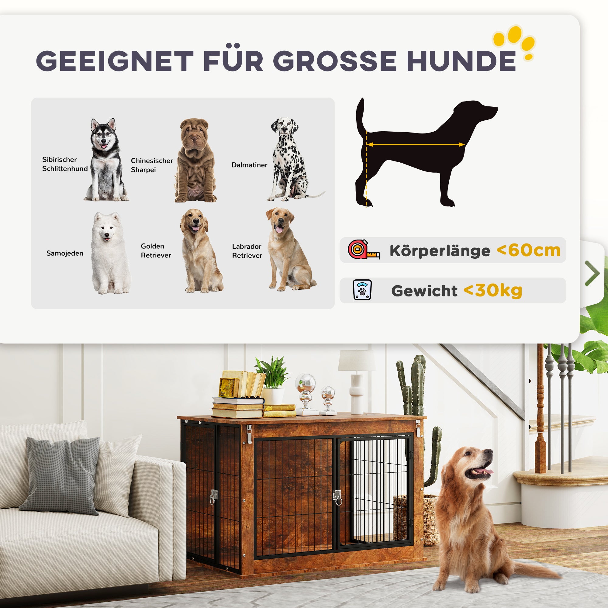 PawHut Hundebox, Transportbox für Hunde, Aufenthaltsbox, für Haustiere, 2 verschließbare Türen, 98 x 60 x 65,5 cm, Braun
